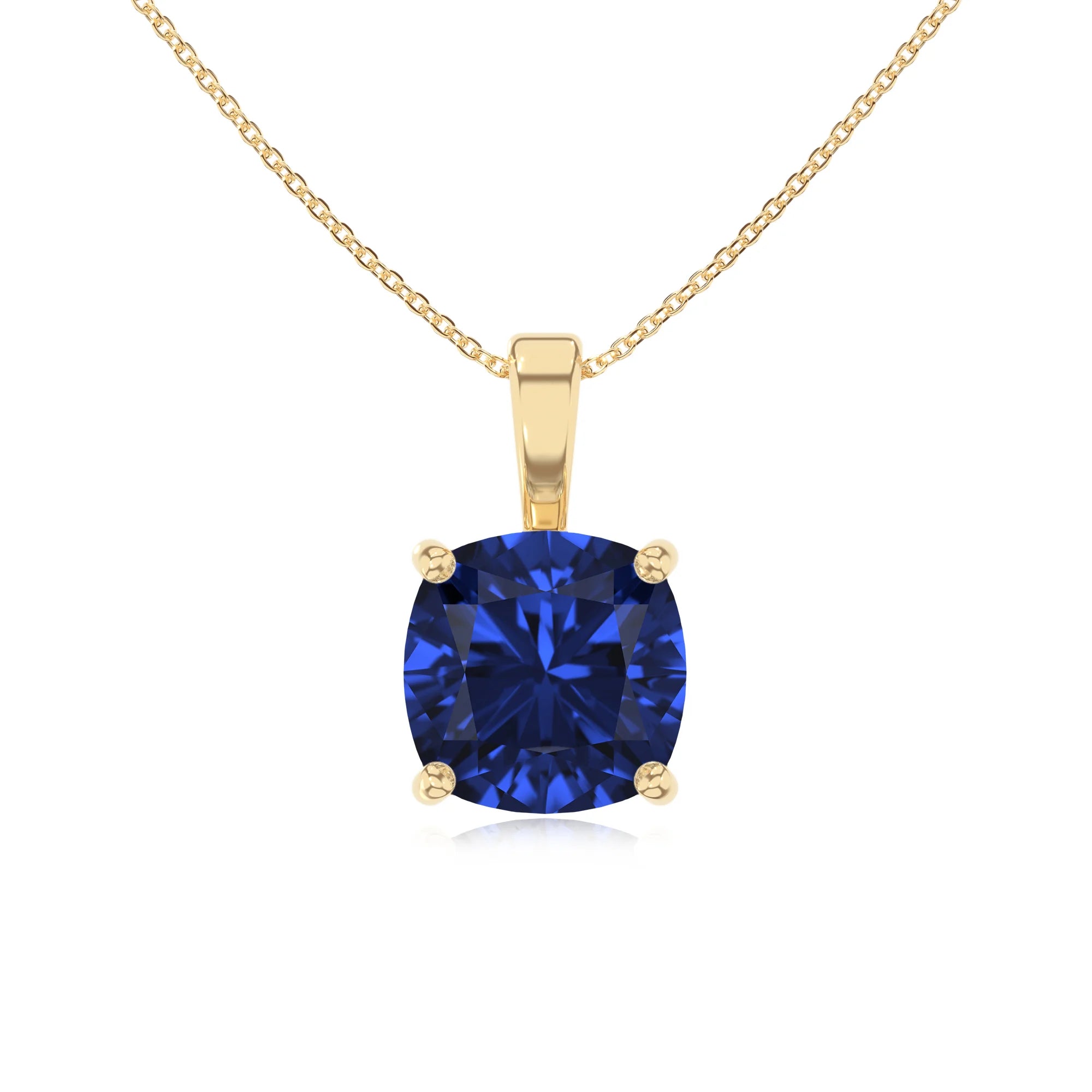 lab grown blue-sapphire cushion solitaire necklaces in yellow gold