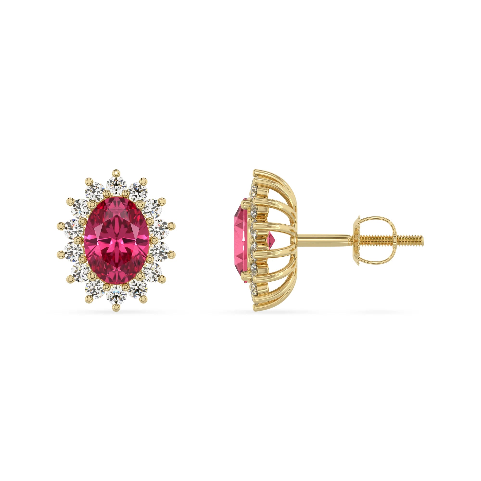 lab grown pink tourmaline oval stud earrings in yellow gold