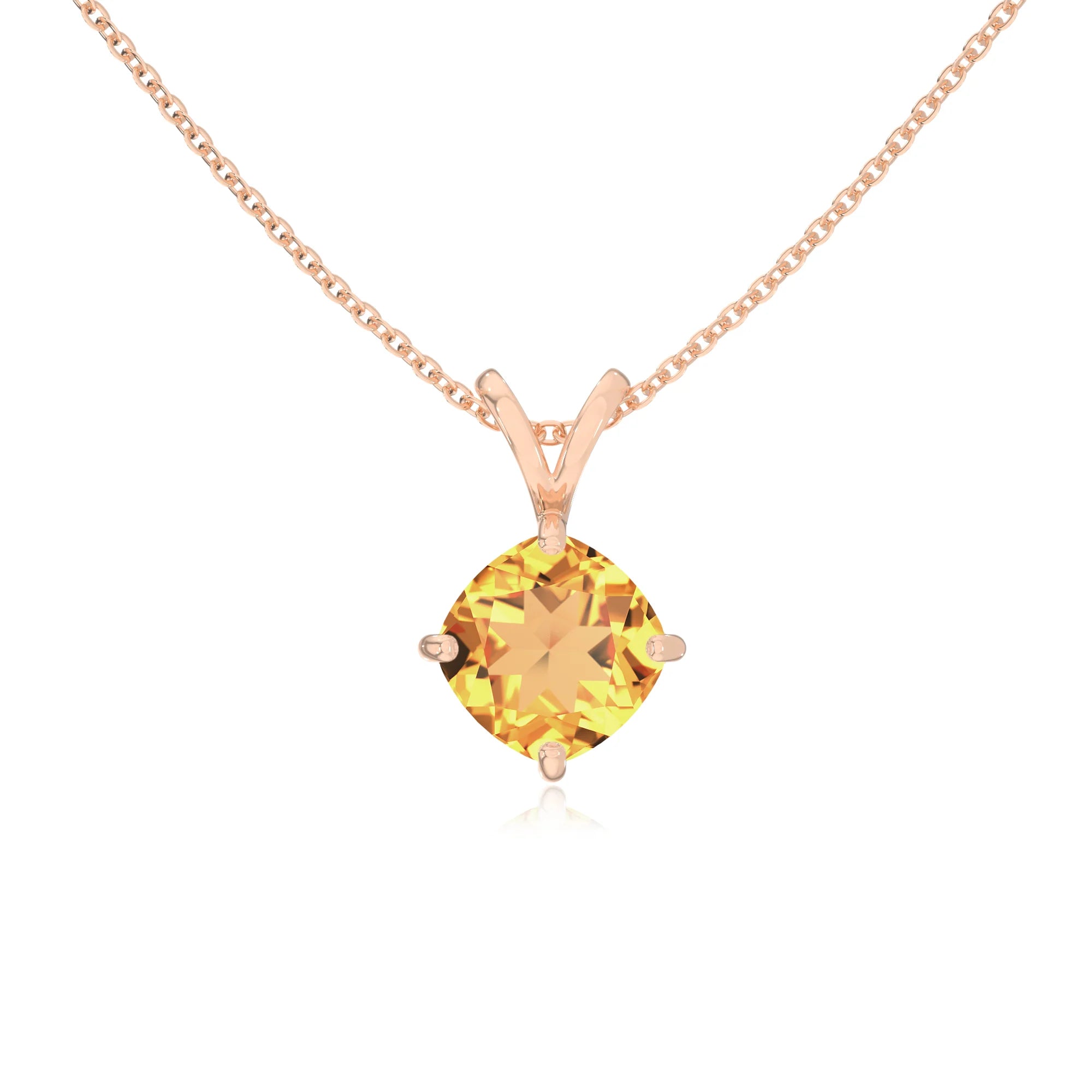 lab grown citrine cushion solitaire v-bale necklaces in rose gold