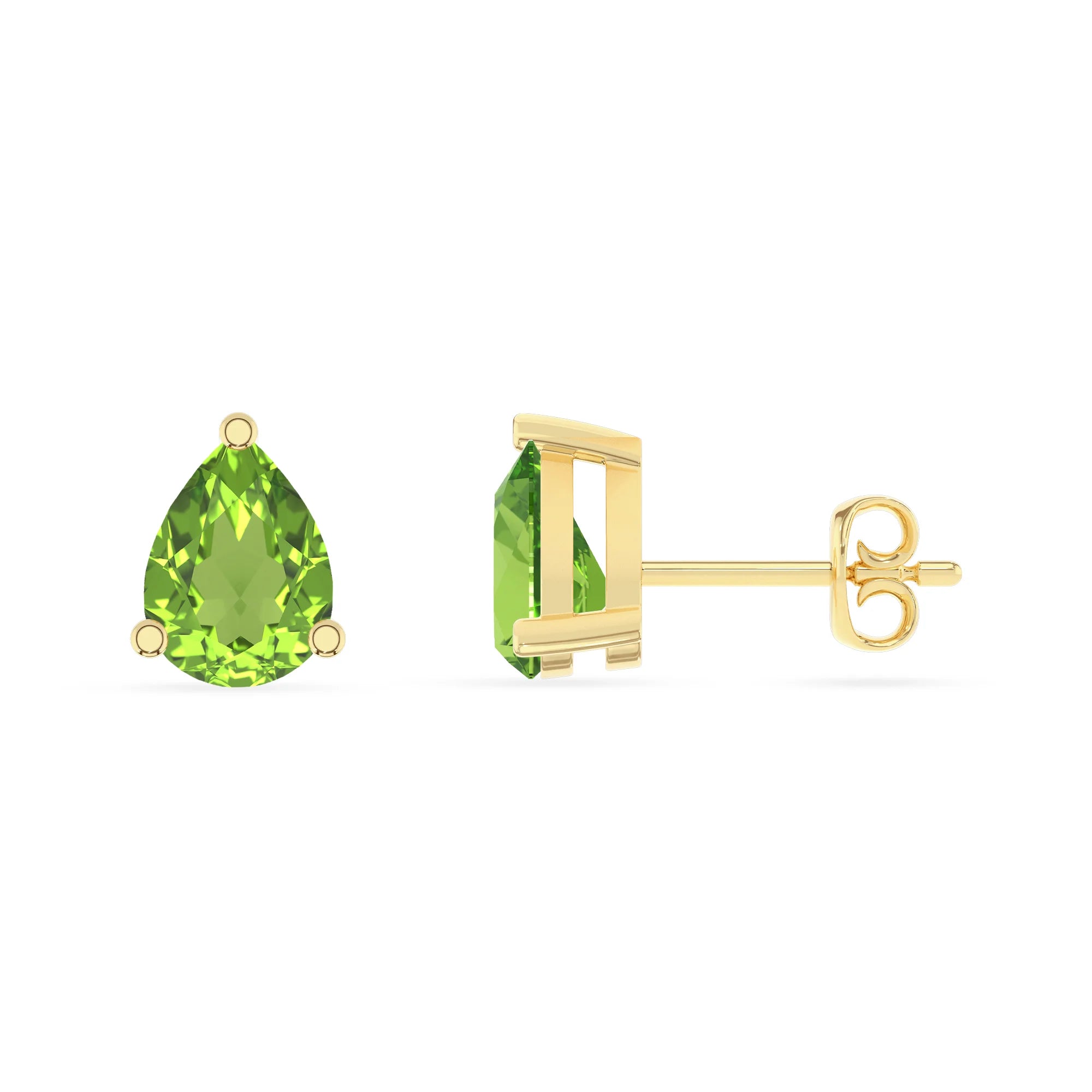 natural peridot pear stud earrings in yellow gold