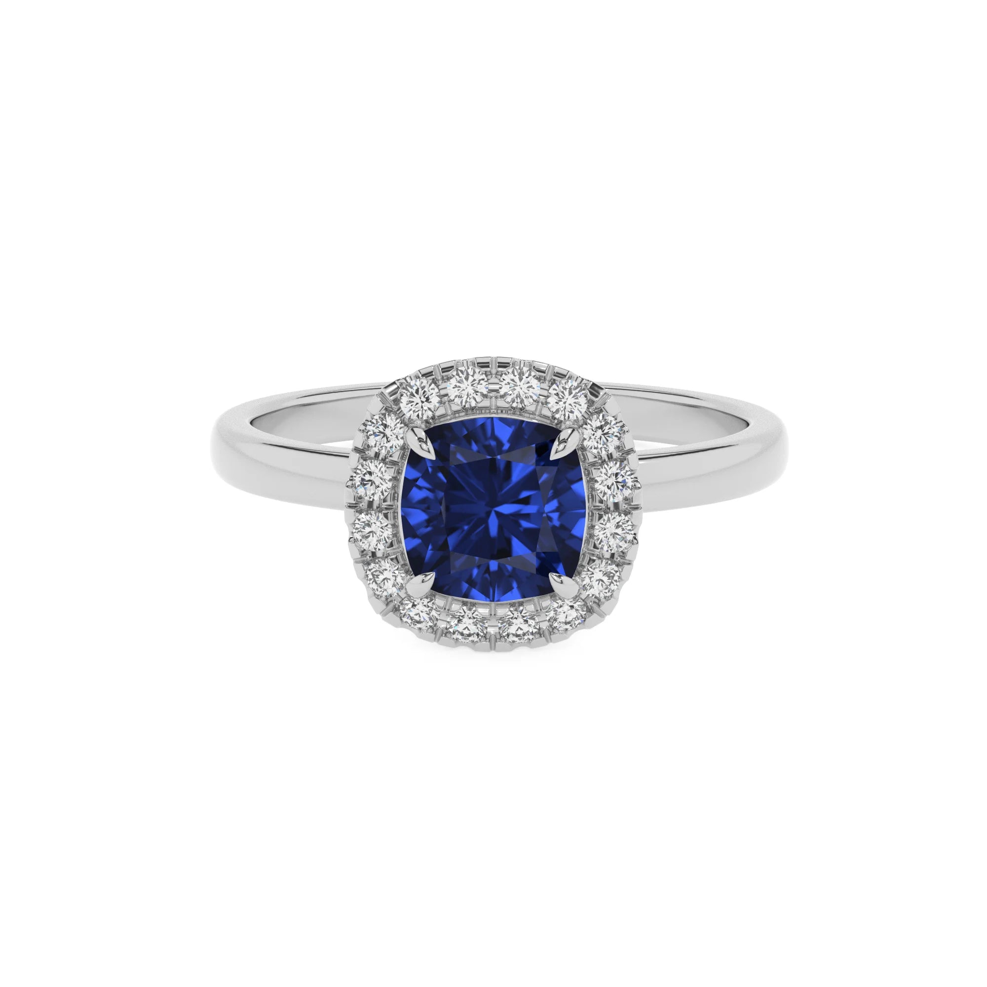 lab grown blue-sapphire cushion solitaire rings in platinum