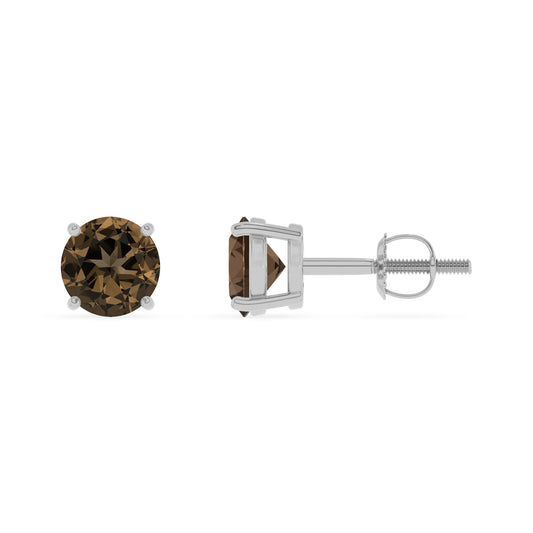 natural smoky quartz round stud earrings in white gold