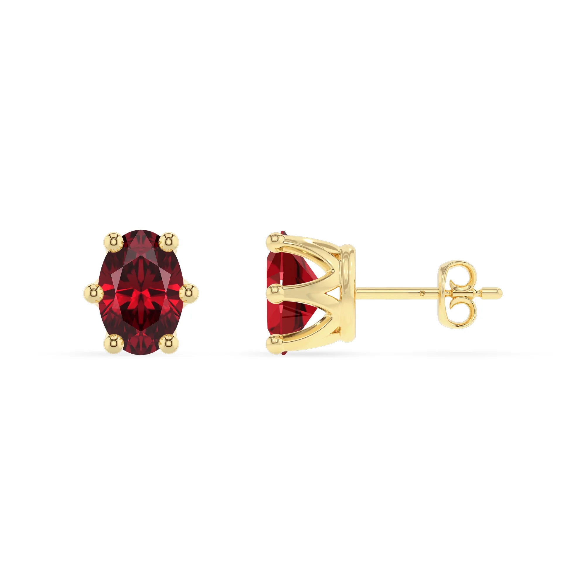 lab grown ruby oval stud earrings in yellow gold