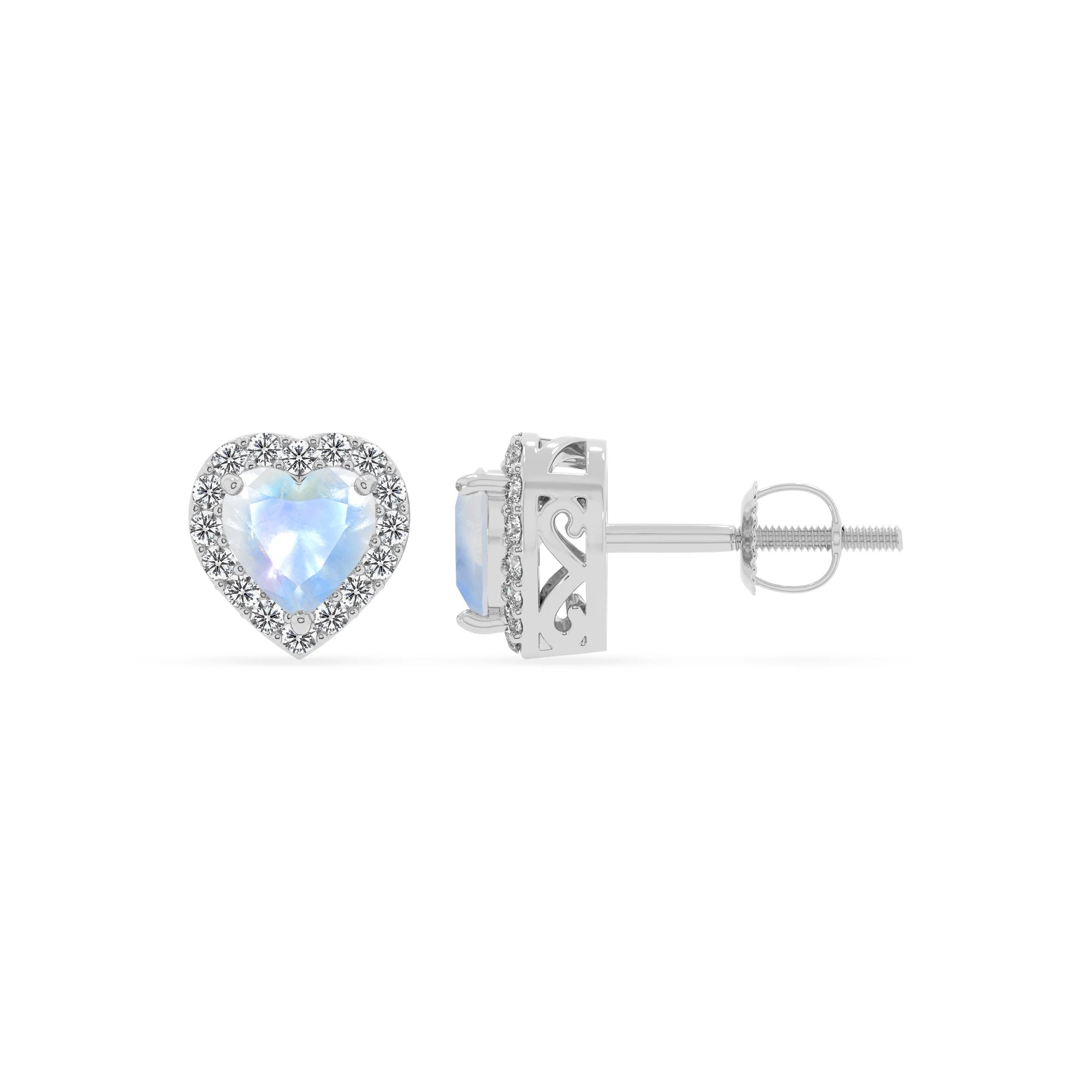 natural rainbow moonstone heart stud earrings in white gold