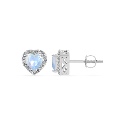 natural rainbow moonstone heart stud earrings in white gold