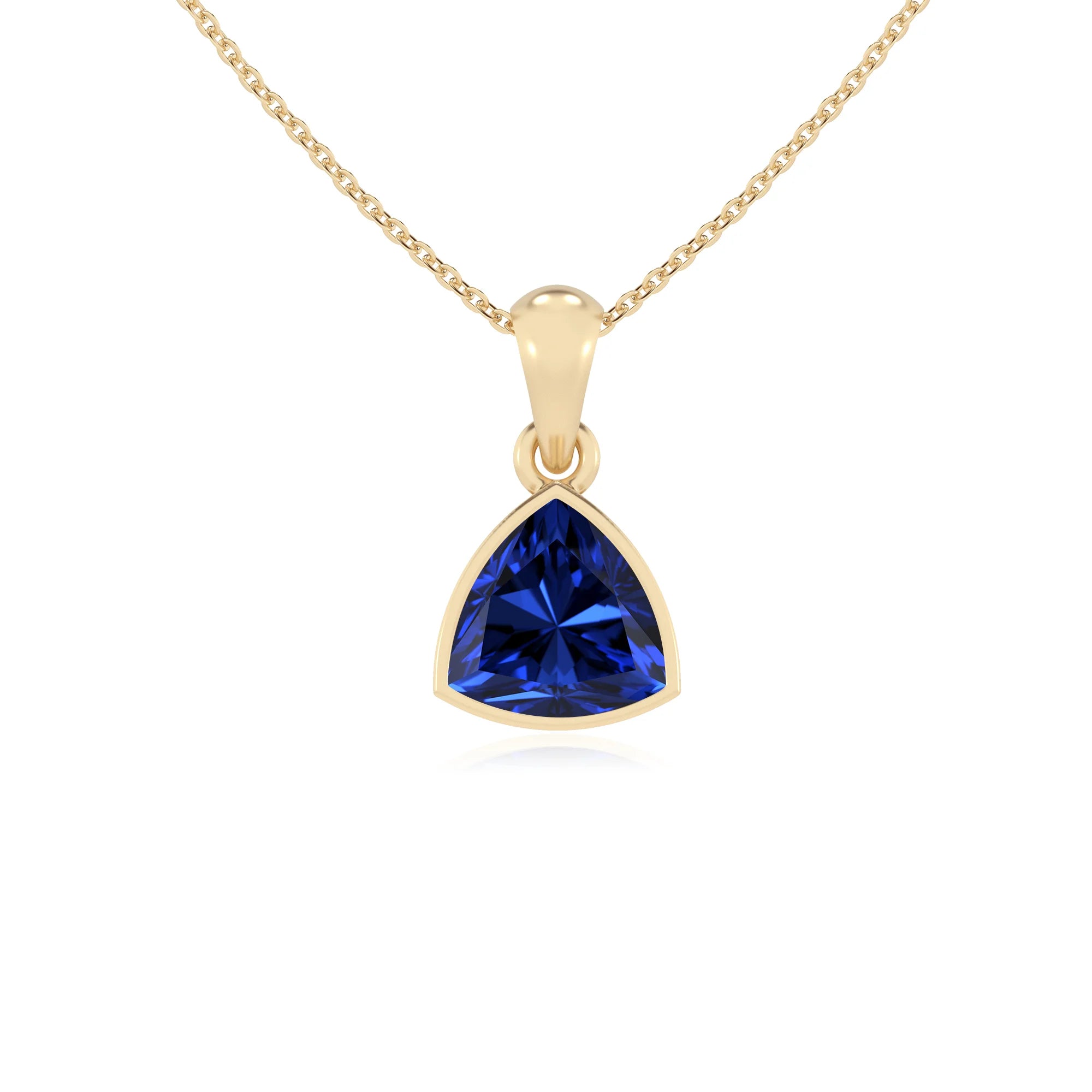 lab grown blue-sapphire trillion solitaire necklaces in yellow gold