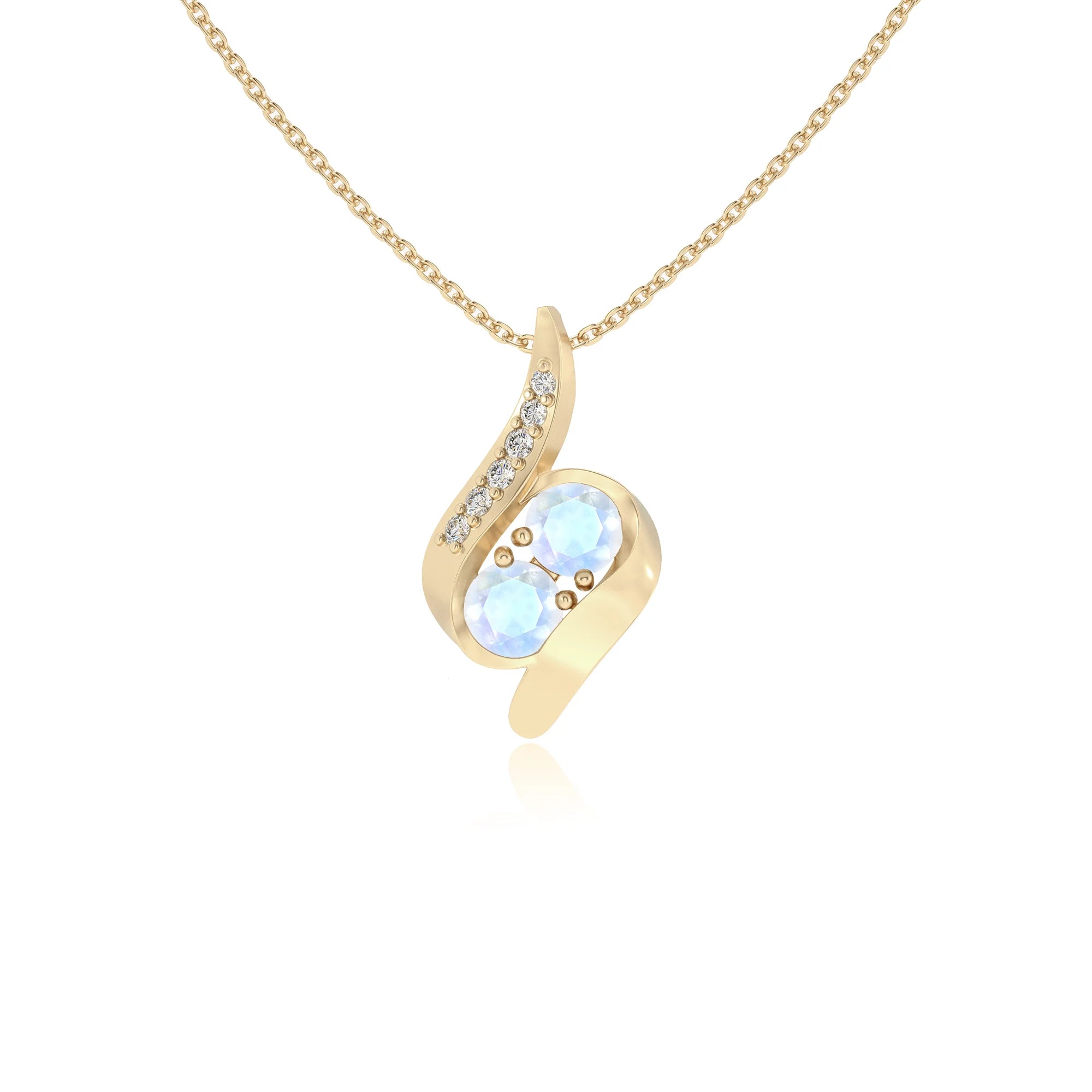 natural rainbow-moonstone round solitaire v-bale necklaces in yellow gold