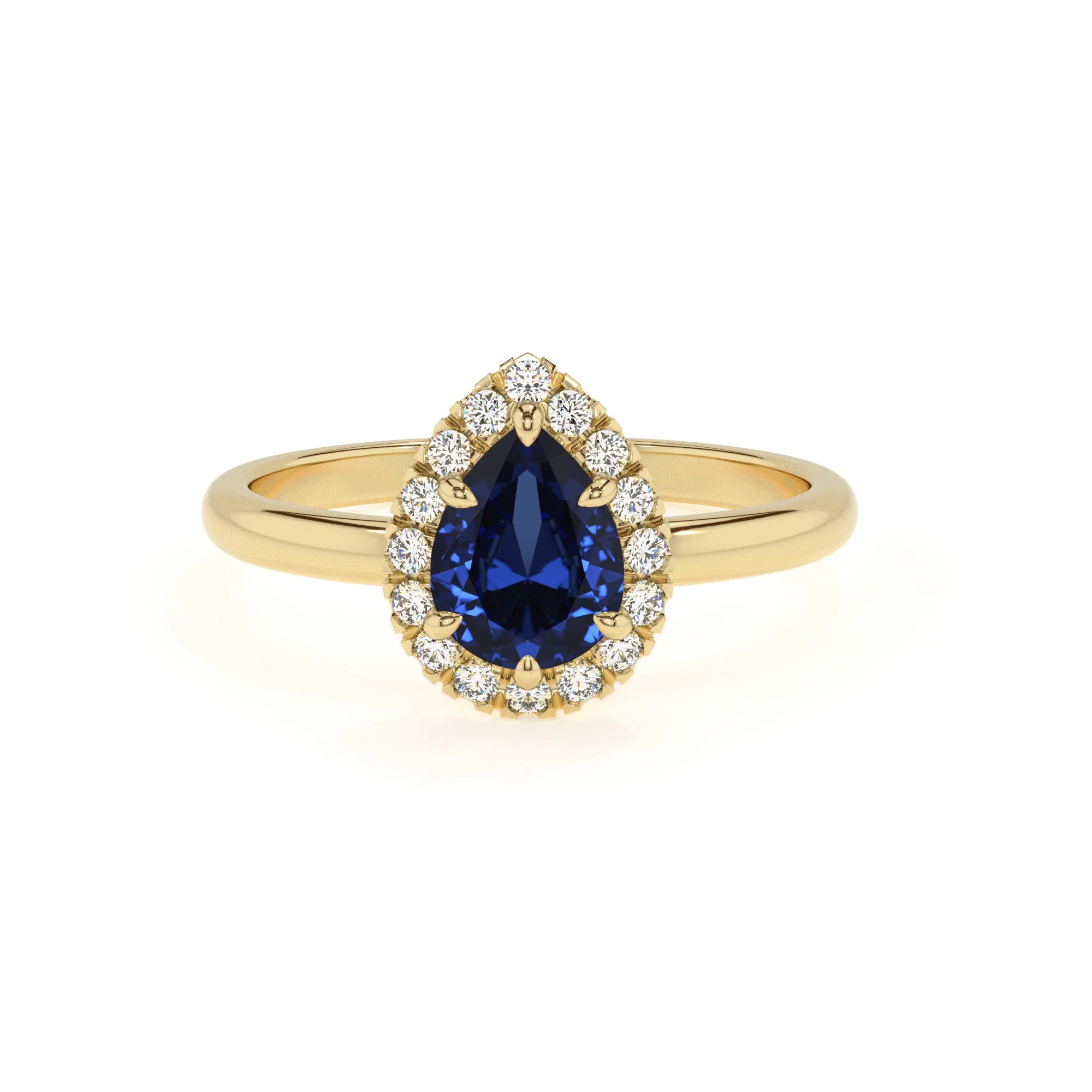 lab grown blue-sapphire pear solitaire rings in yellow gold