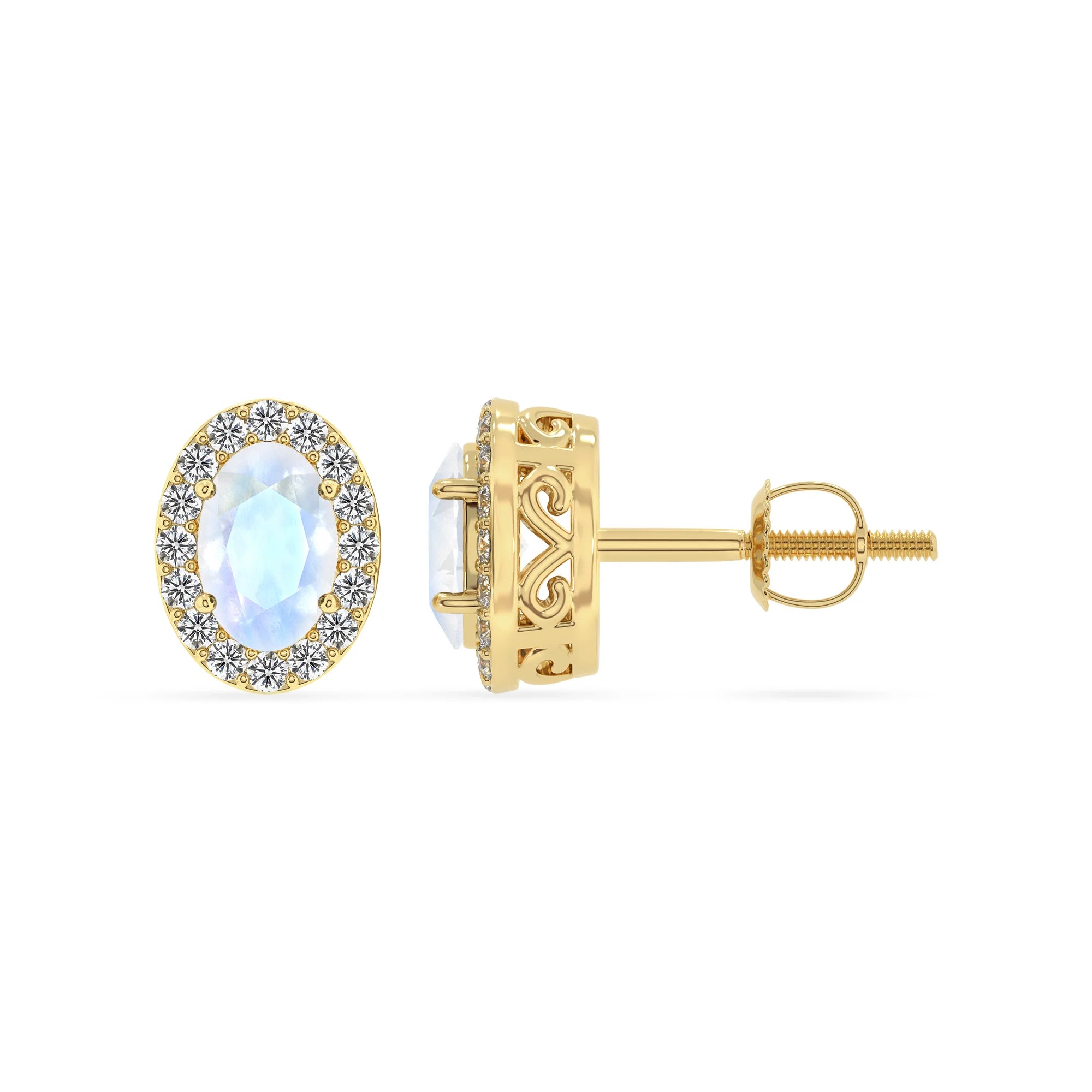 natural rainbow moonstone oval stud earrings in yellow gold