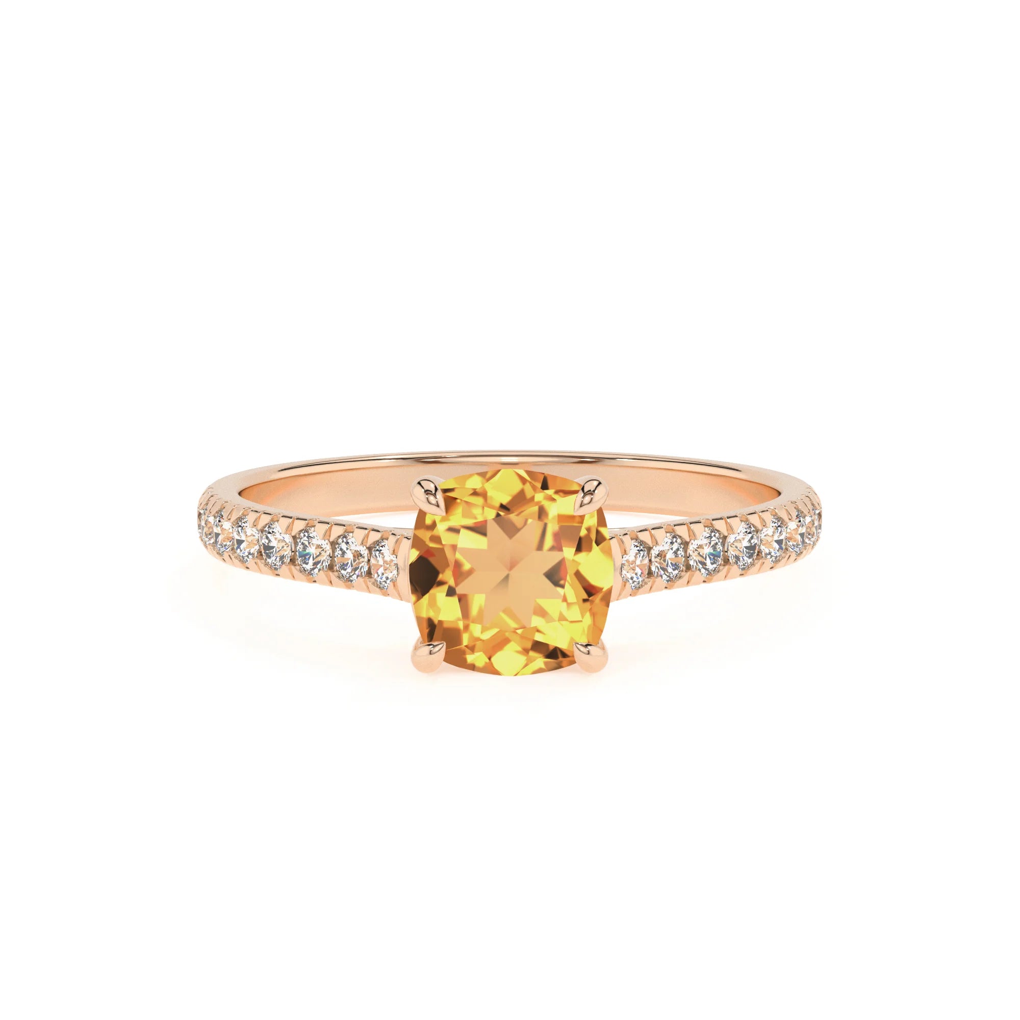 lab grown citrine cushion half eternity solitaire engagement rings in rose gold