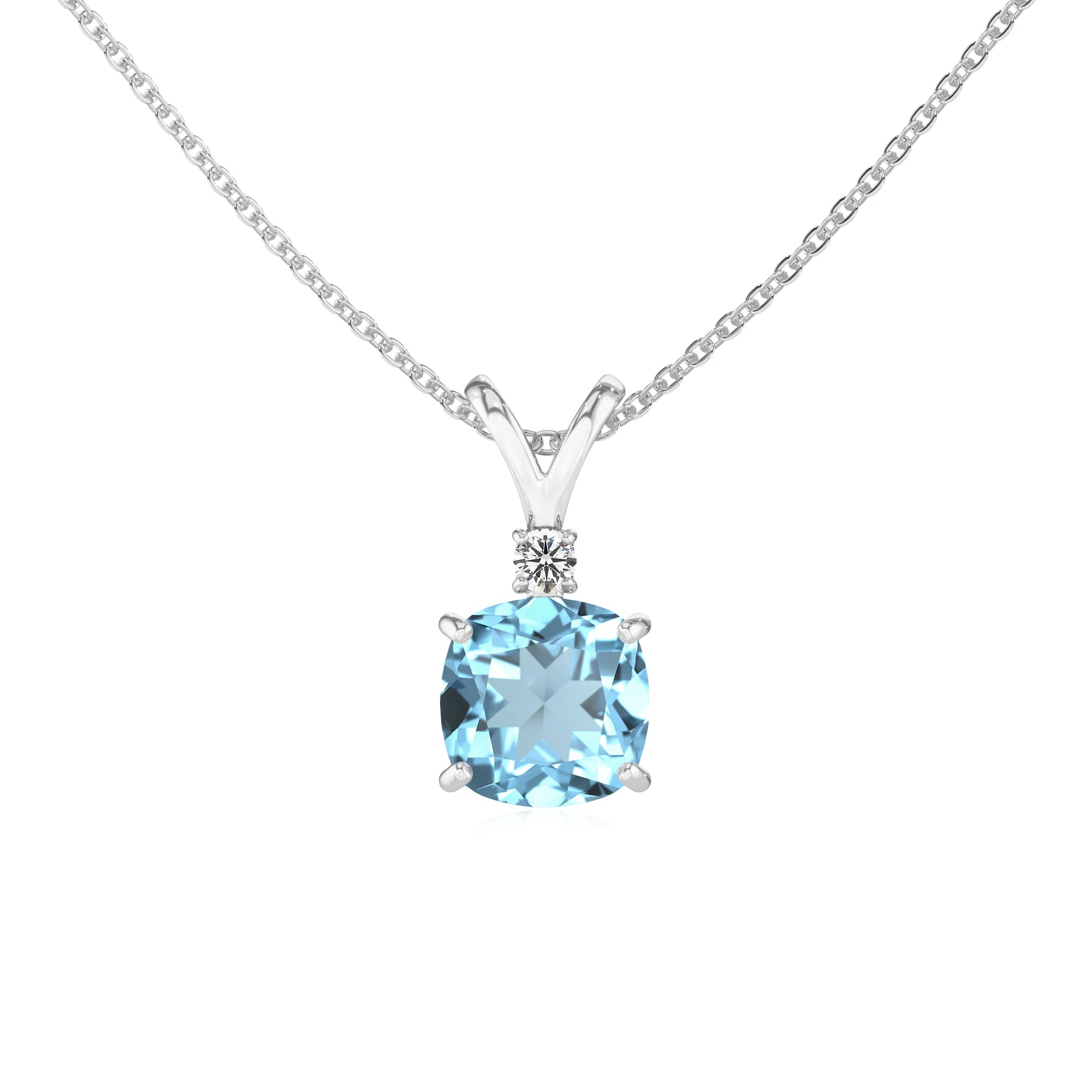 lab grown aquamarine cushion solitaire v-bale necklaces in white gold