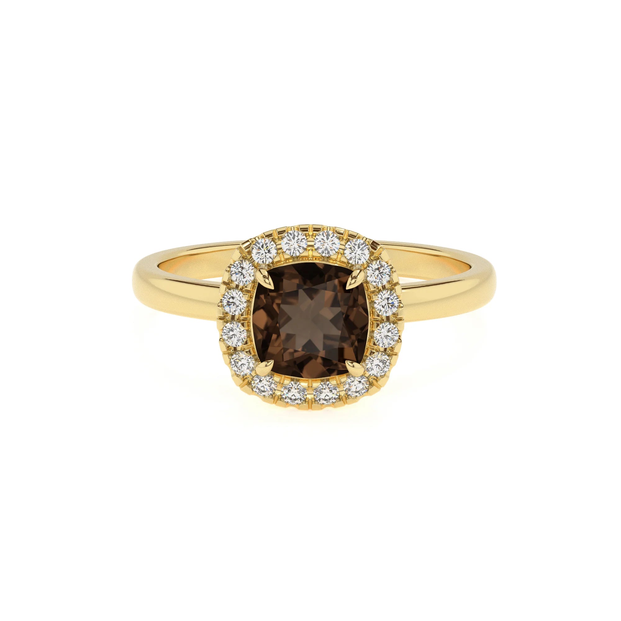natural smoky-quartz cushion solitaire rings in yellow gold
