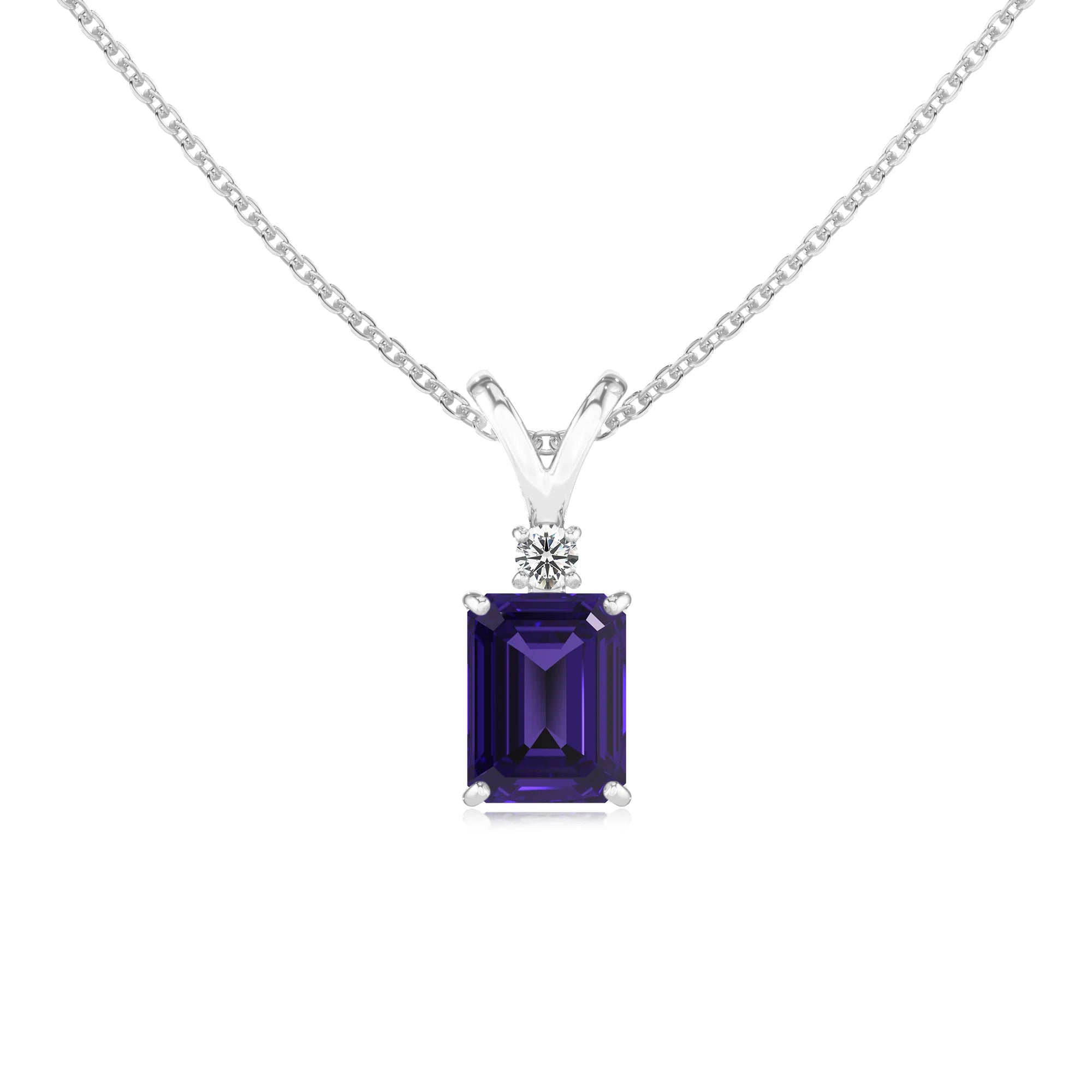 lab grown tanzanite emerald cut solitaire v-bale necklaces in sterling silver