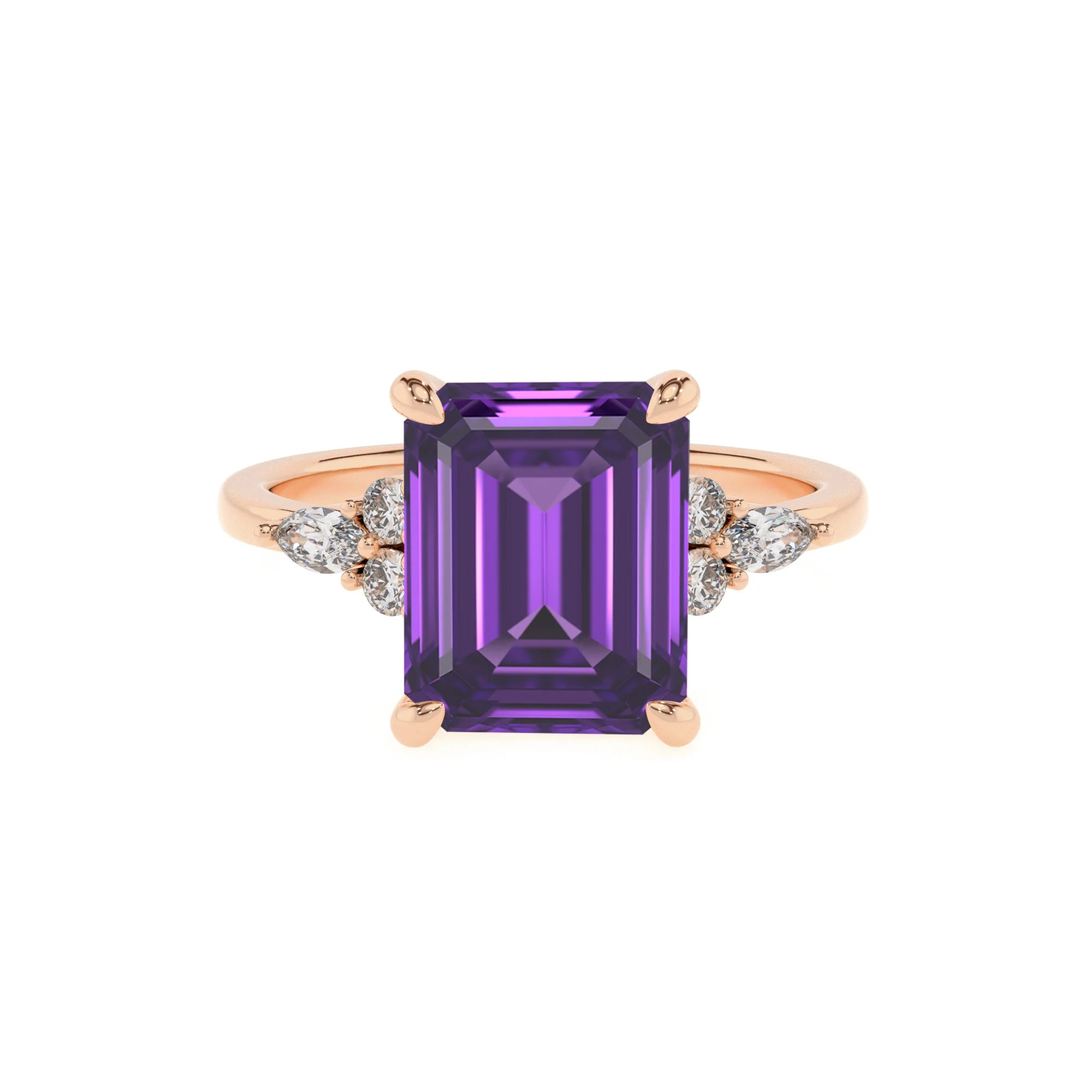 lab grown amethyst emerald cut solitaire rings in rose gold