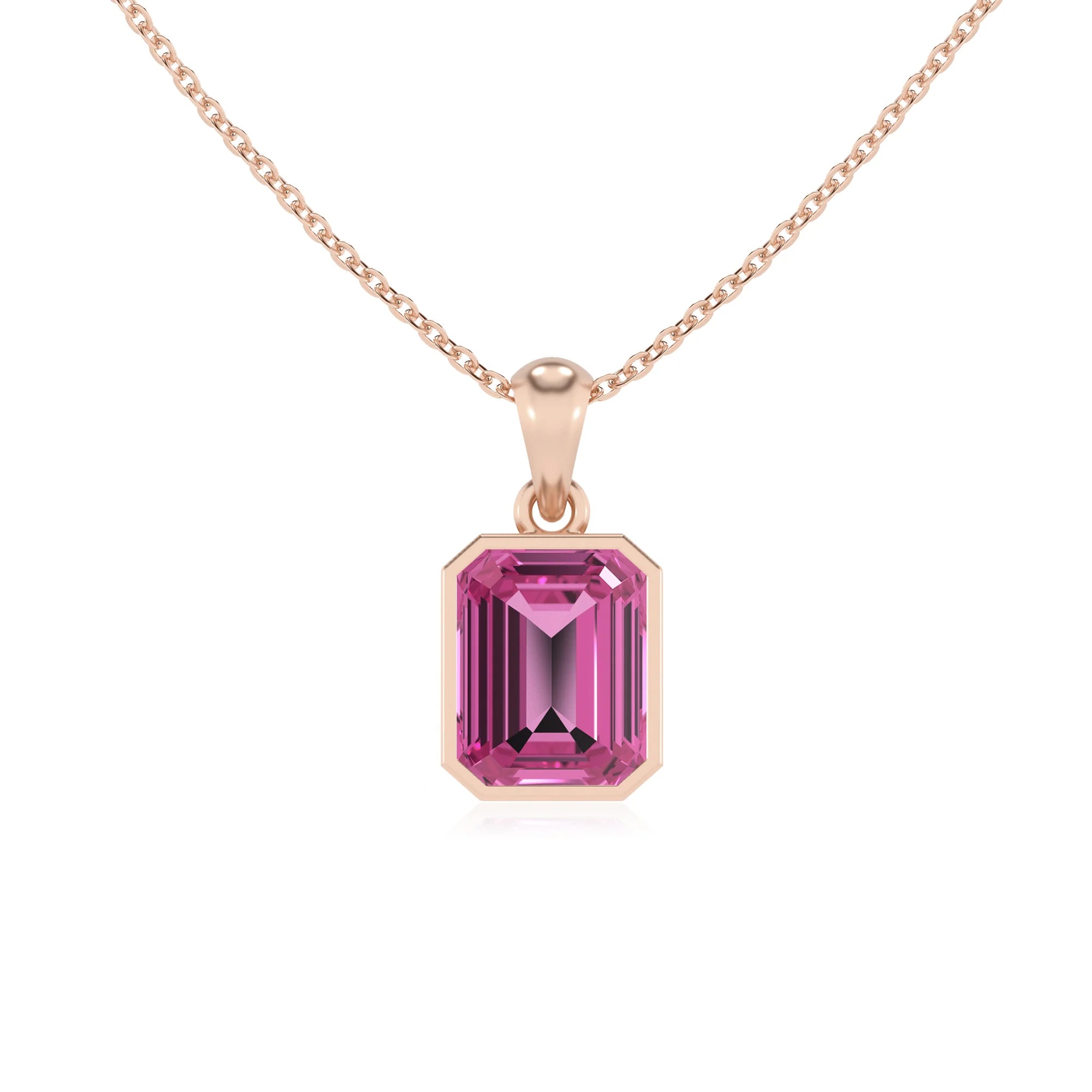 lab grown pink-tourmaline emerald cut solitaire necklaces in rose gold