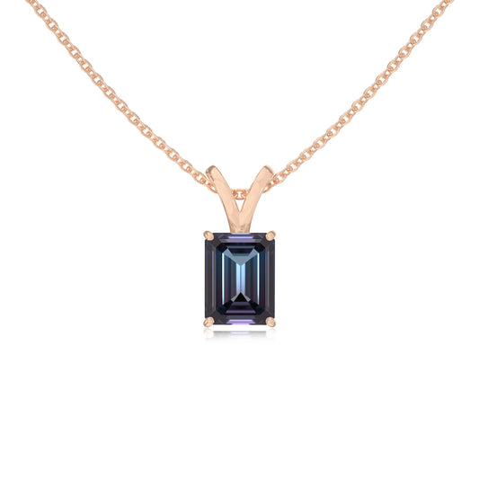 lab grown alexandrite emerald cut solitaire v-bale necklaces in rose gold