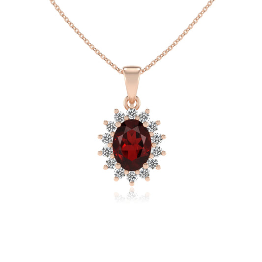 natural garnet oval halo necklaces in rose gold