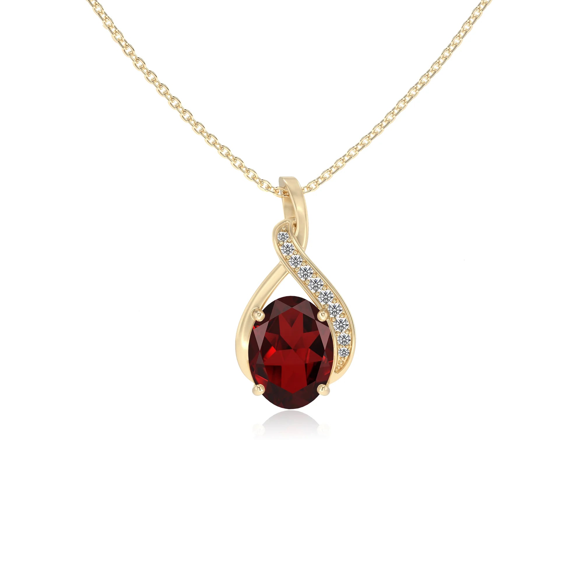 natural garnet oval solitaire necklaces in yellow gold