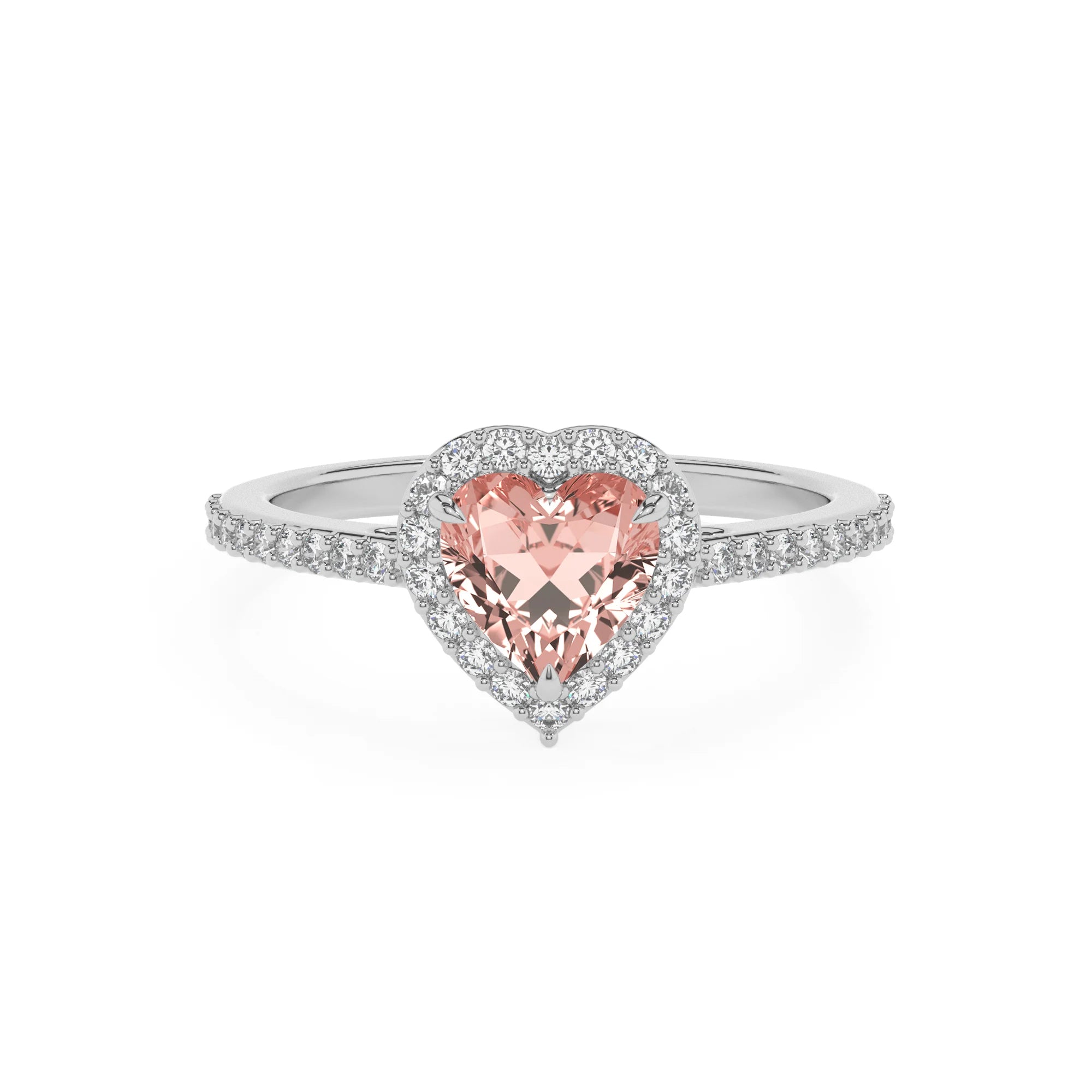 lab grown morganite heart solitaire rings in white gold