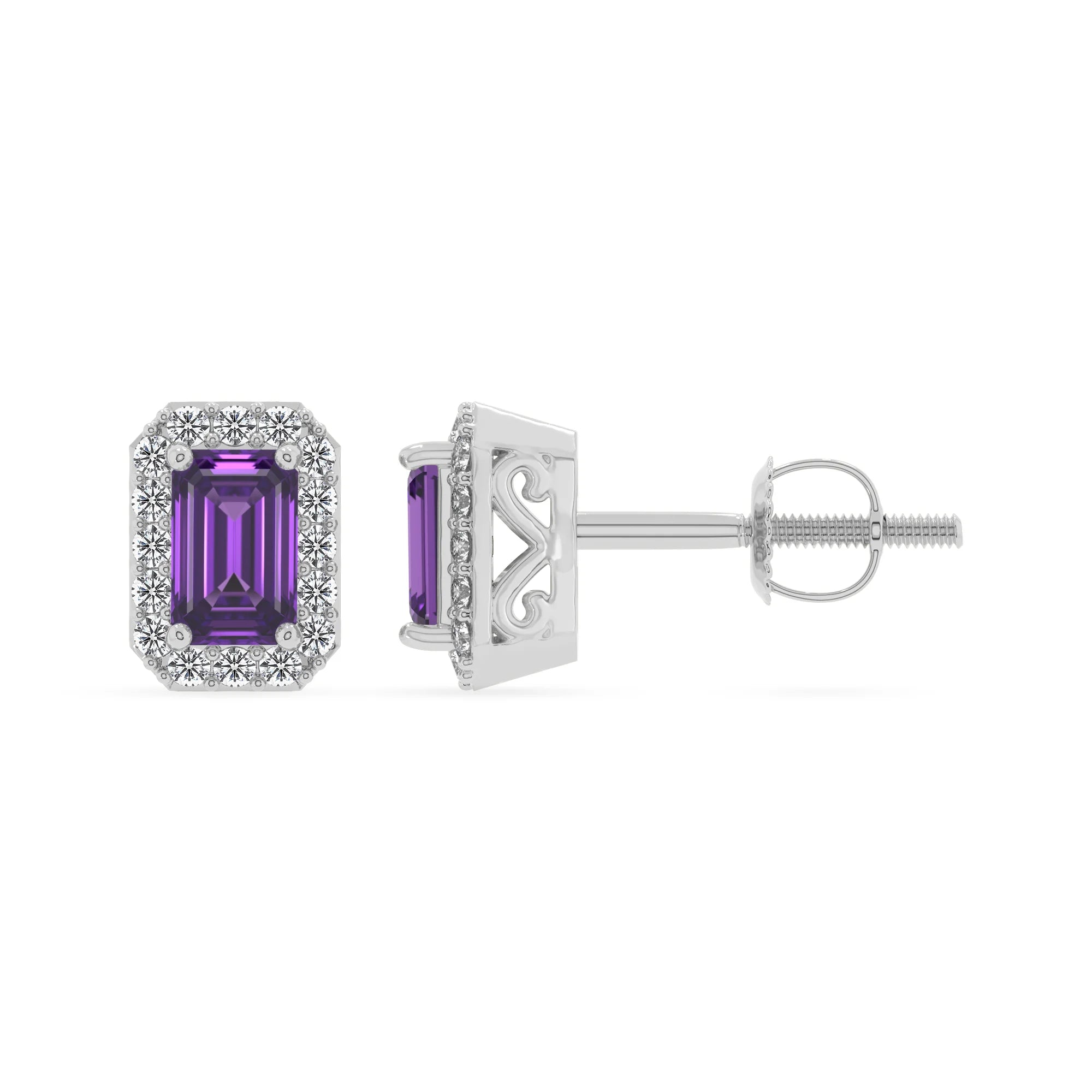 lab grown amethyst emerald cut stud earrings in white gold
