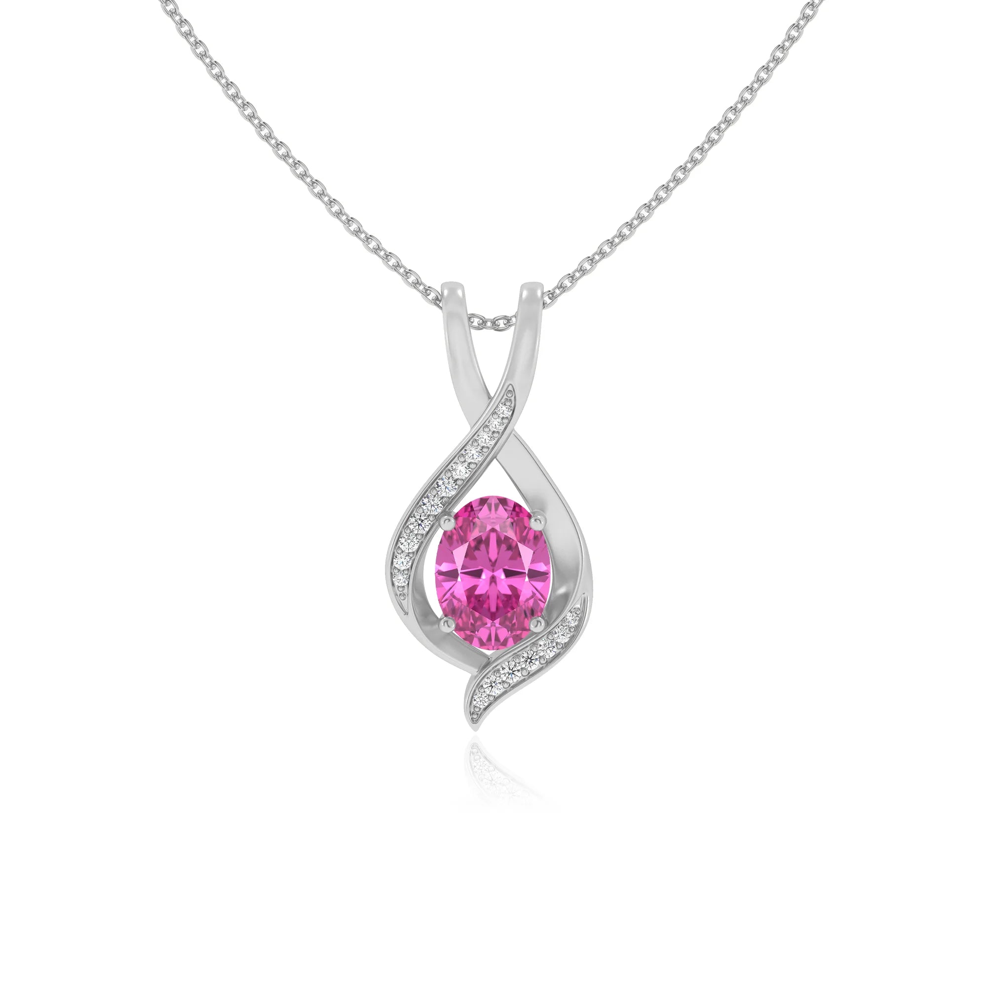 lab grown pink-sapphire oval solitaire necklaces in white gold