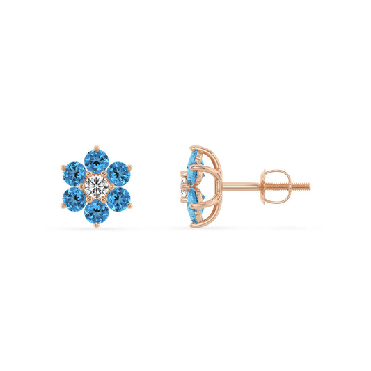 Natural Swiss Blue Topaz Round Stud Earrings with Diamond