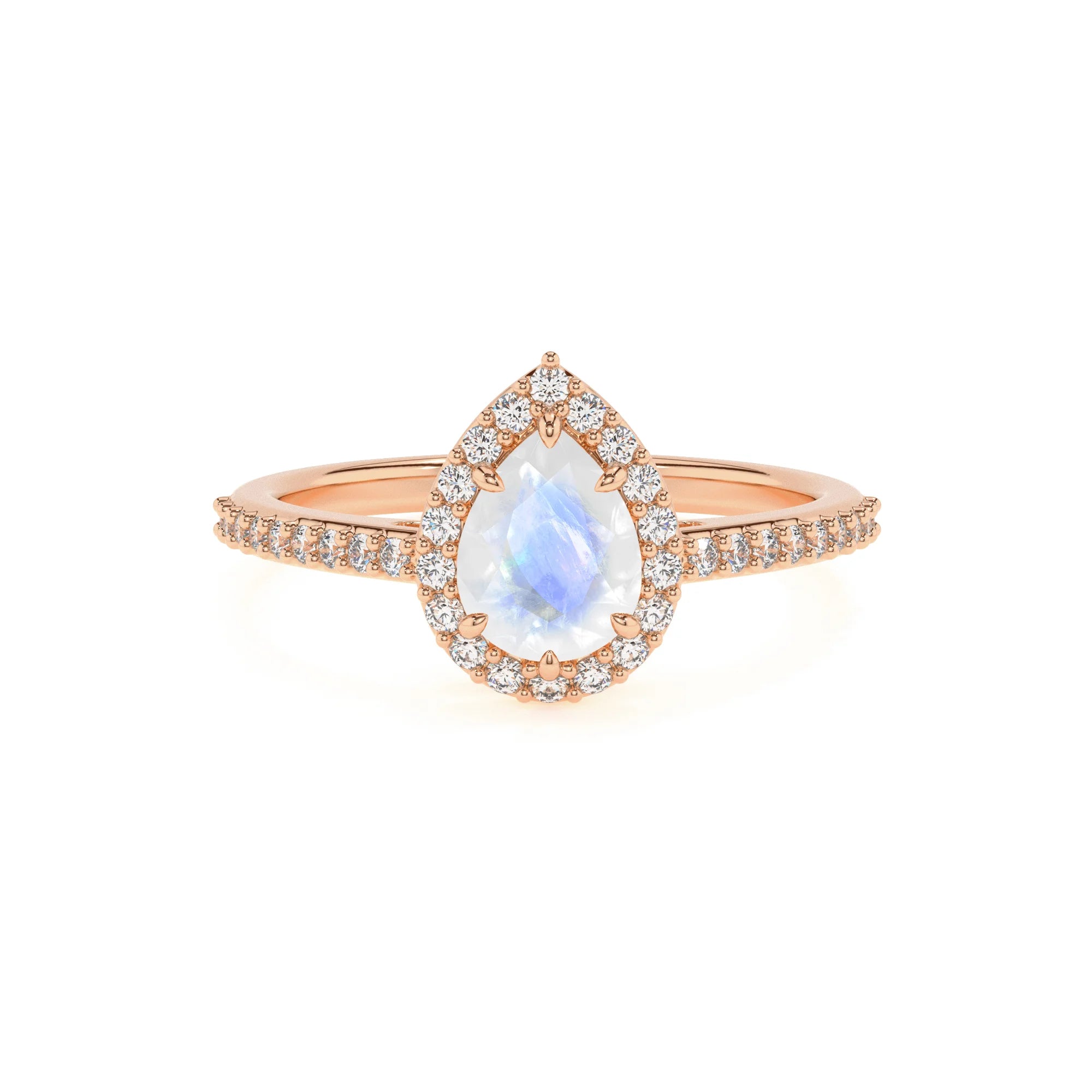 natural rainbow-moonstone pear solitaire rings in rose gold