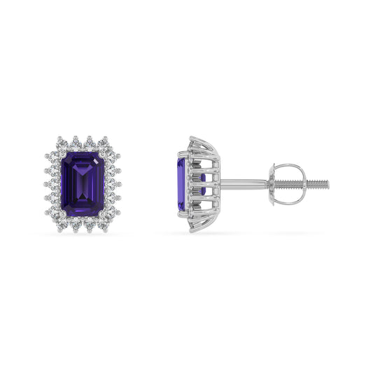 lab grown tanzanite emerald cut stud earrings in platinum