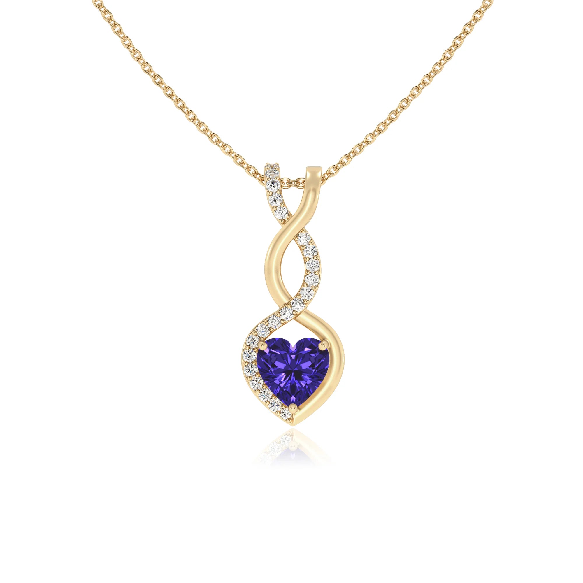 lab grown tanzanite heart infinity necklaces in yellow gold