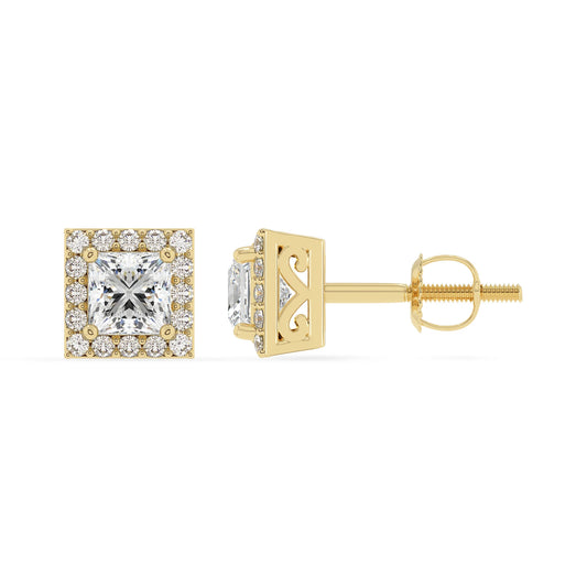 lab grown moissanite princess stud earrings in yellow gold