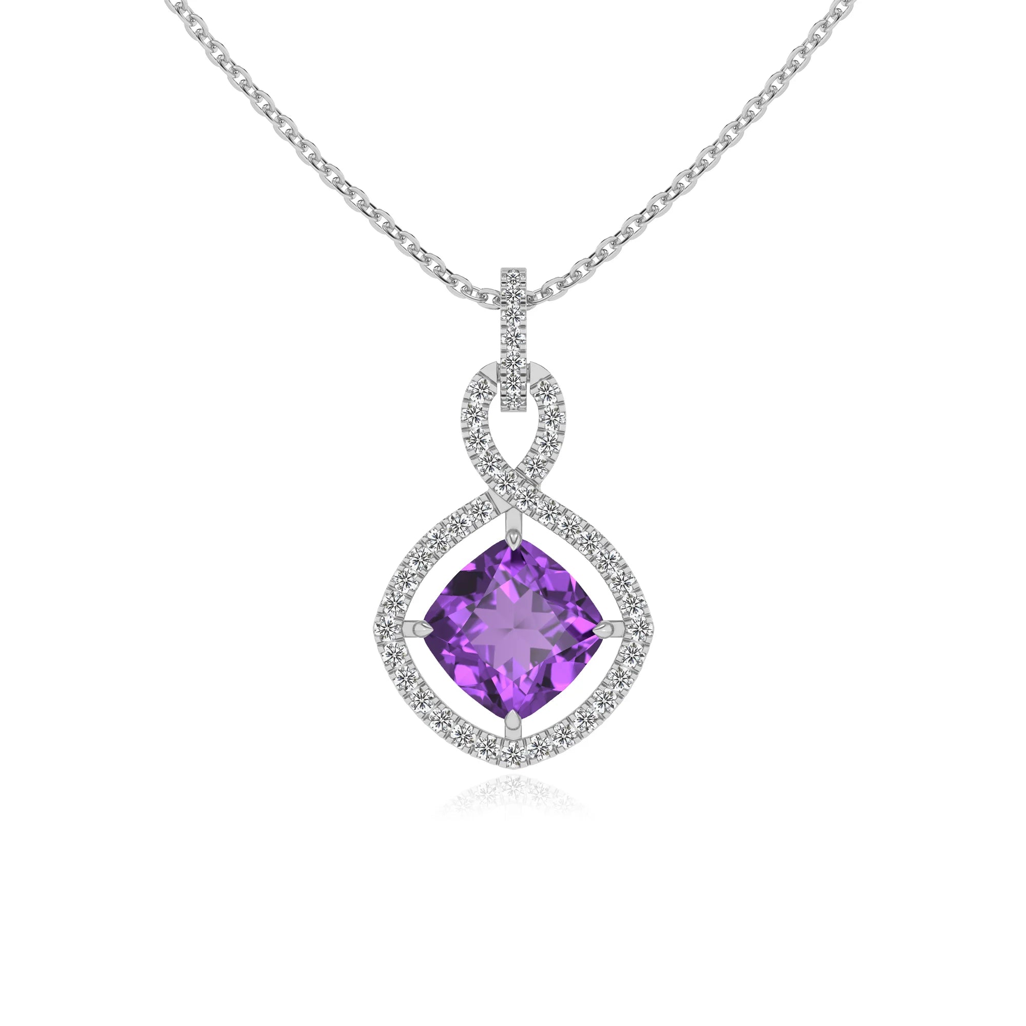lab grown amethyst cushion infinity necklaces in white gold