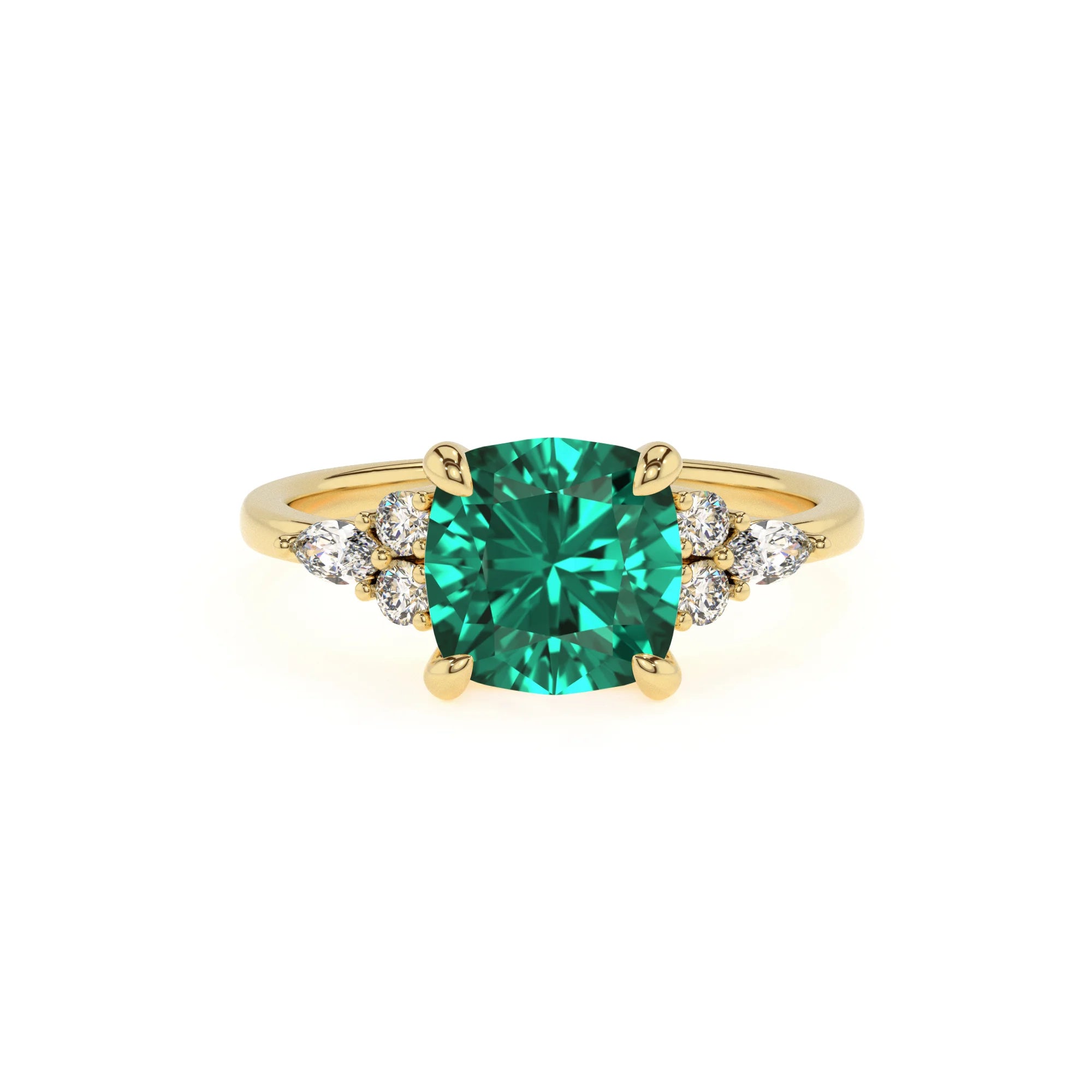 lab grown emerald cushion solitaire rings in yellow gold
