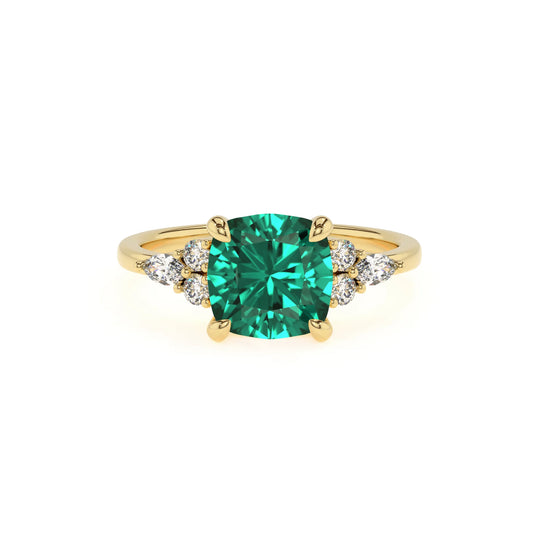 lab grown emerald cushion solitaire rings in yellow gold