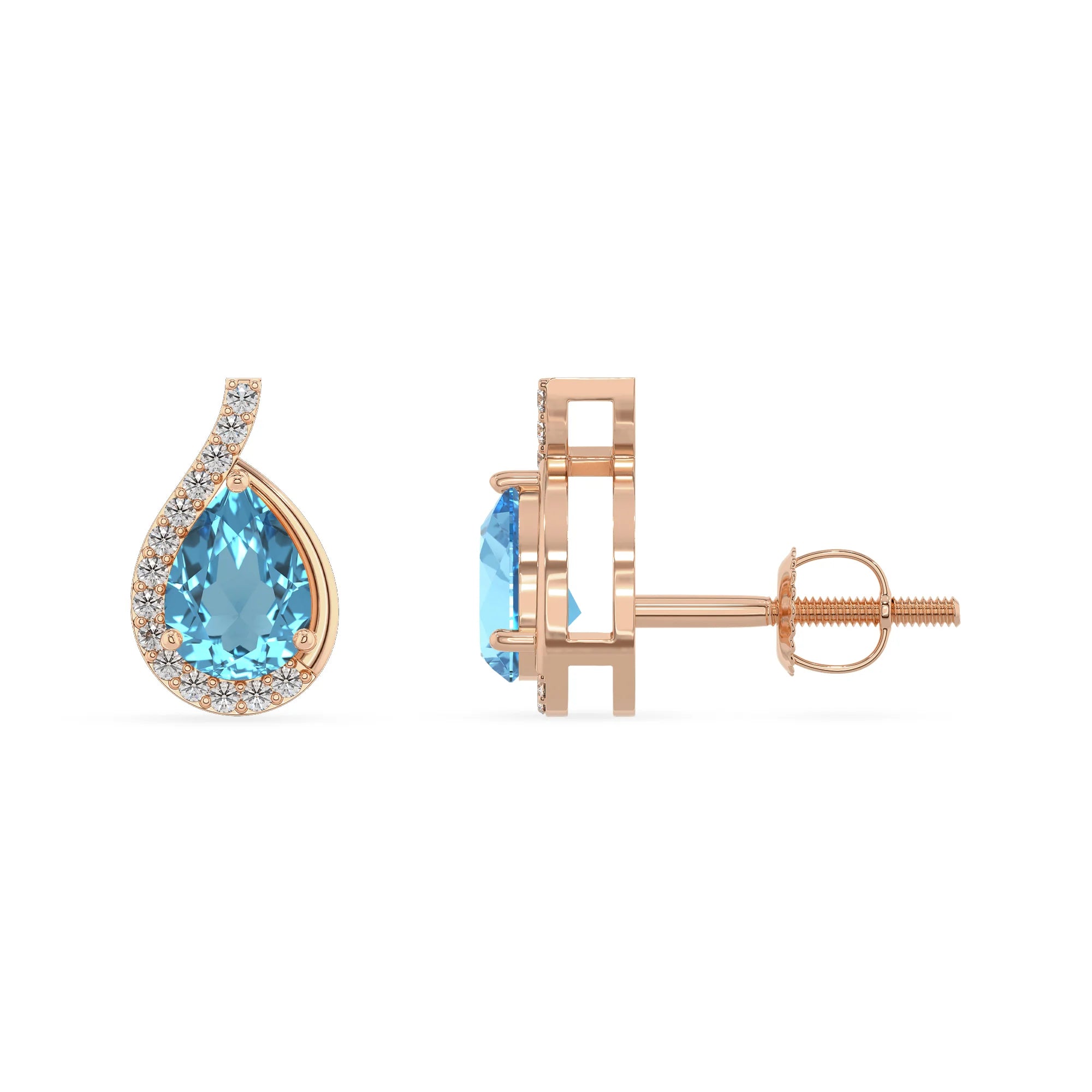 natural swiss blue topaz pear stud earrings in rose gold