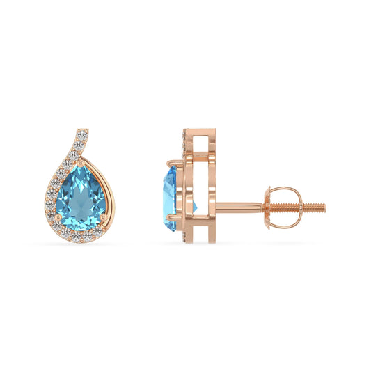 natural swiss blue topaz pear stud earrings in rose gold