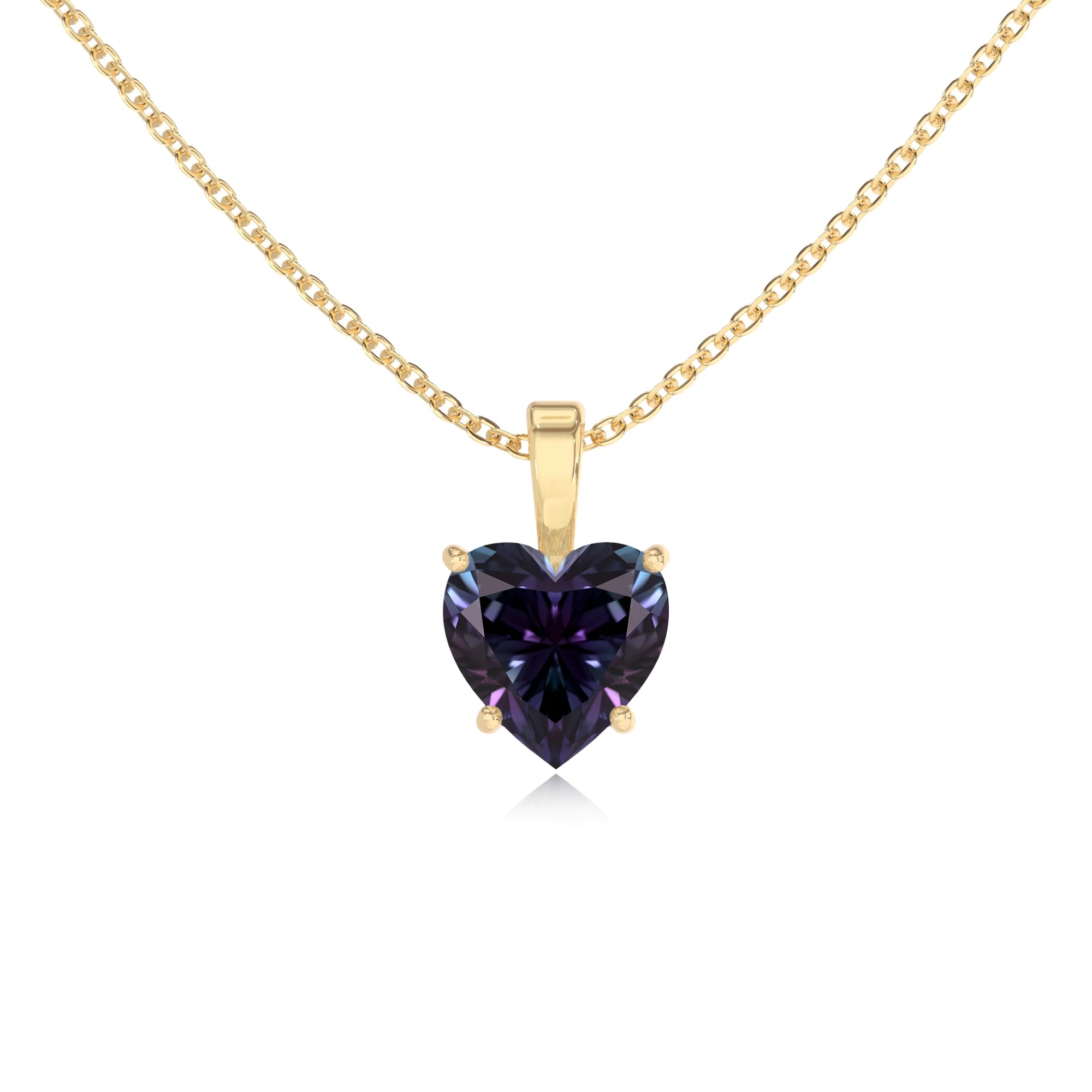 lab grown alexandrite heart solitaire necklaces in yellow gold