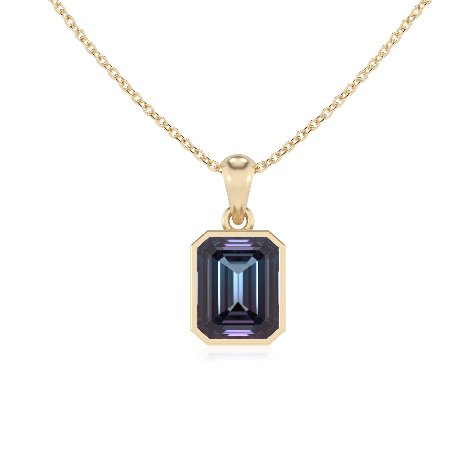 lab grown alexandrite emerald cut solitaire necklaces in yellow gold