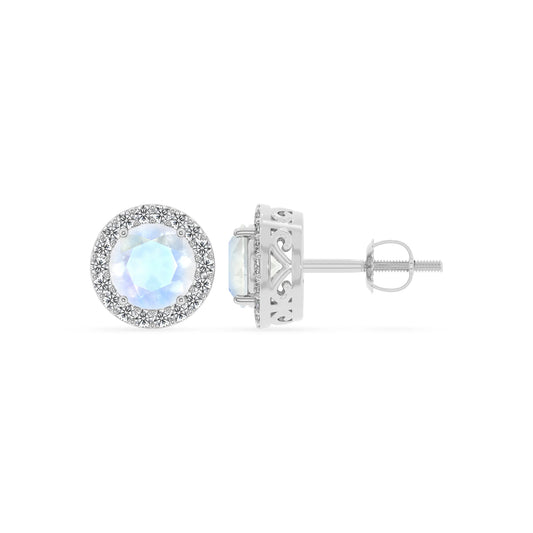 natural rainbow moonstone round stud earrings in platinum