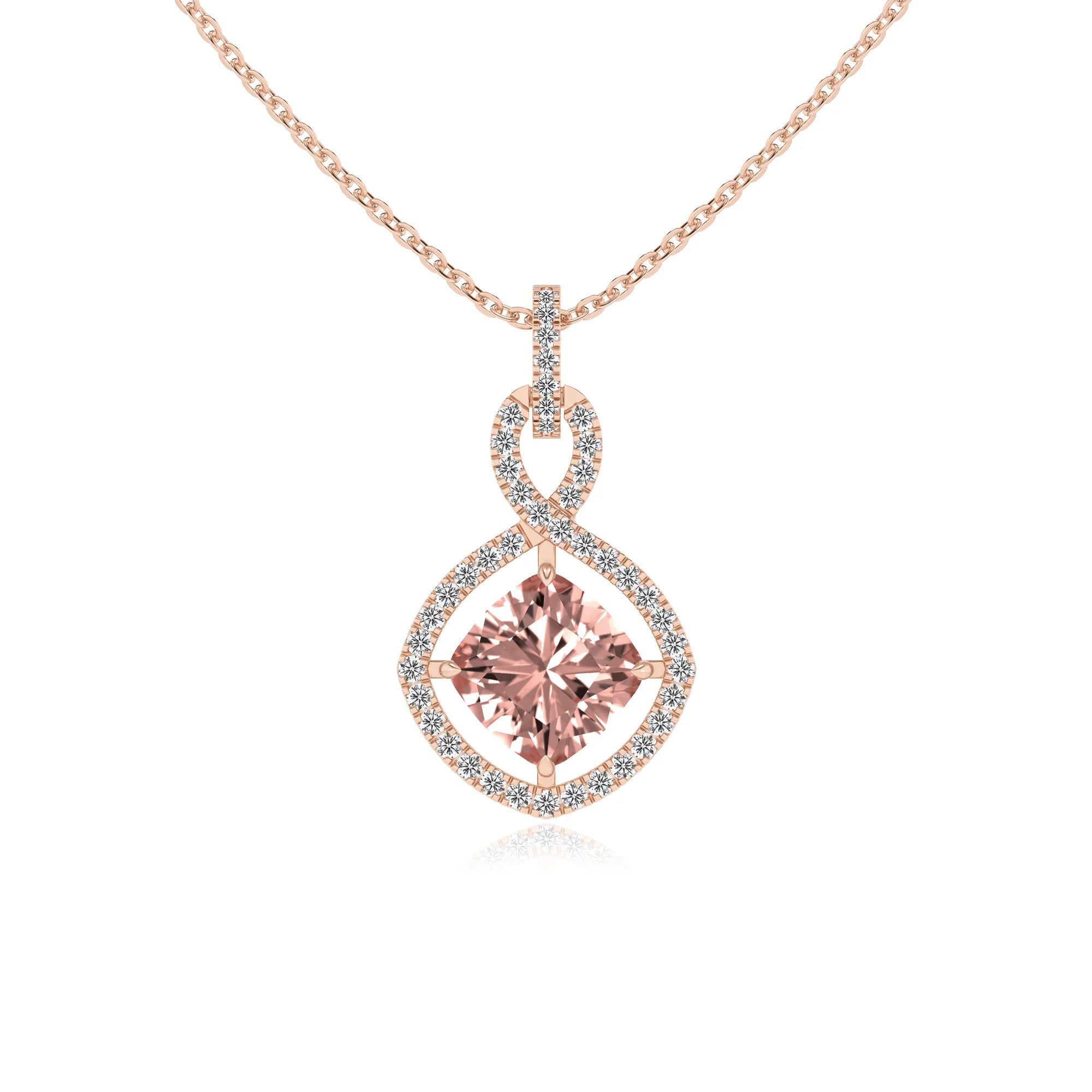 lab grown morganite cushion infinity necklaces in rose gold