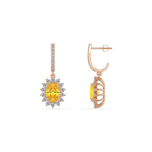 lab grown yellow sapphire oval drop earrings in rose gold