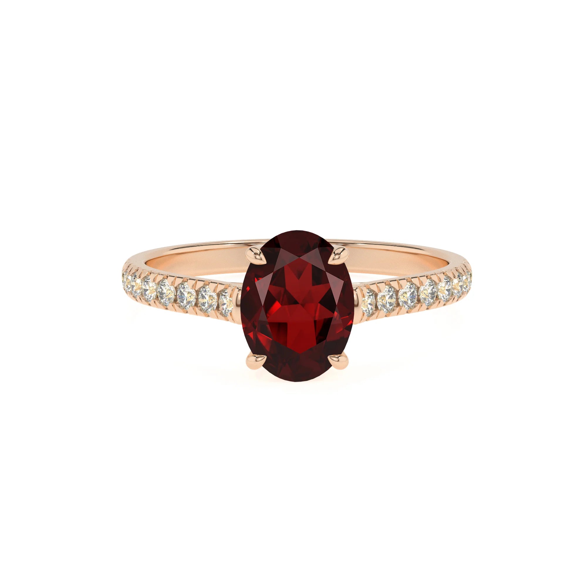 natural garnet oval half eternity solitaire engagement rings in rose gold