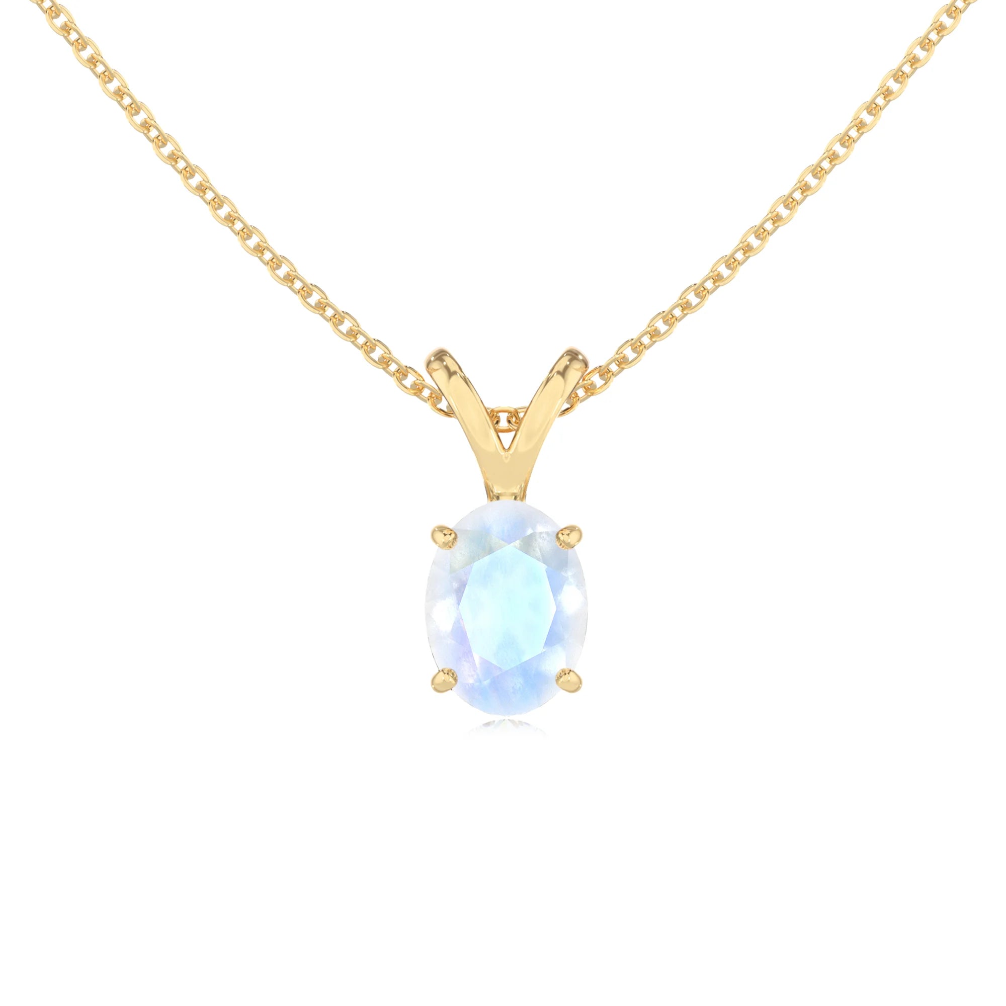 natural rainbow-moonstone oval solitaire v-bale necklaces in yellow gold