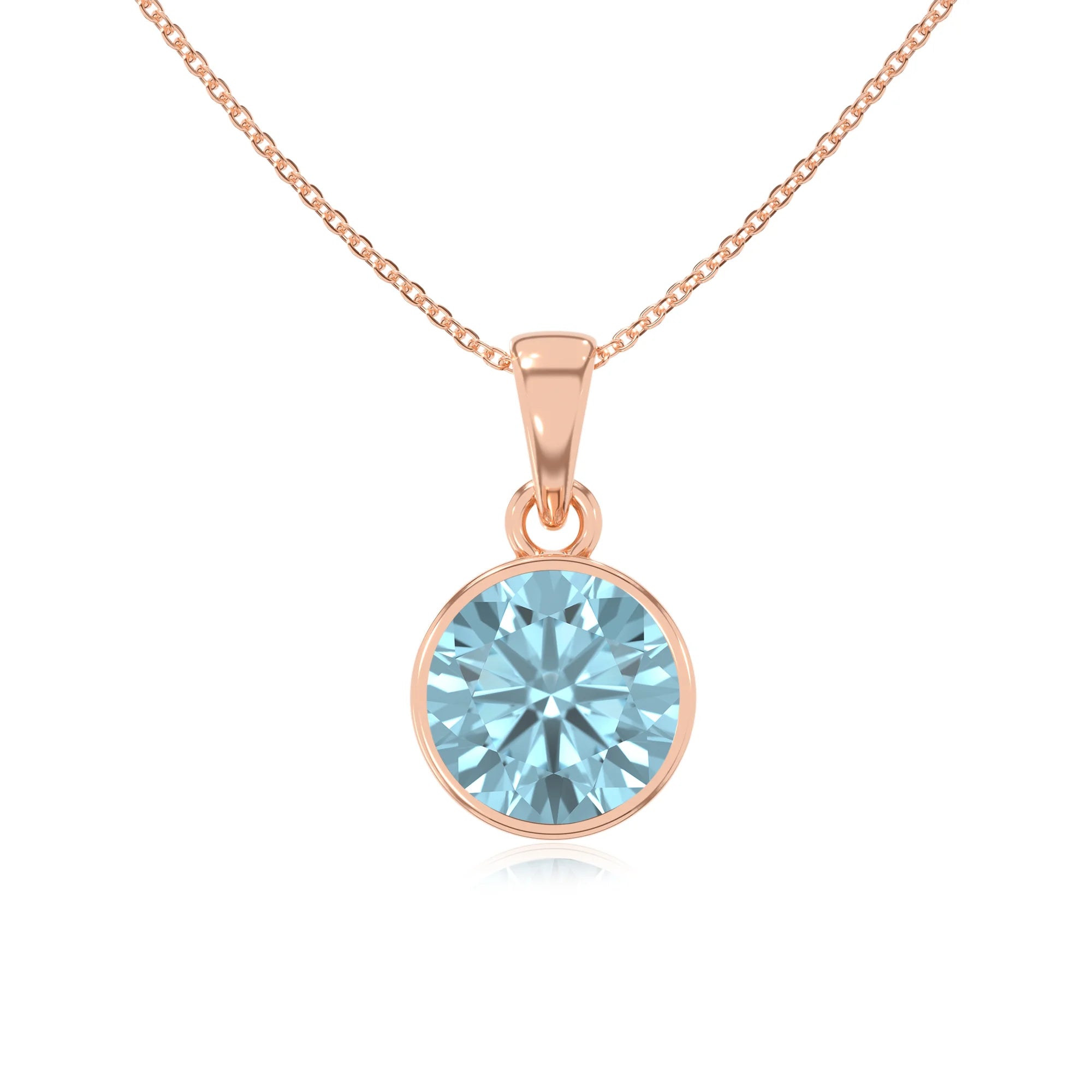 lab grown aquamarine round solitaire necklaces in rose gold