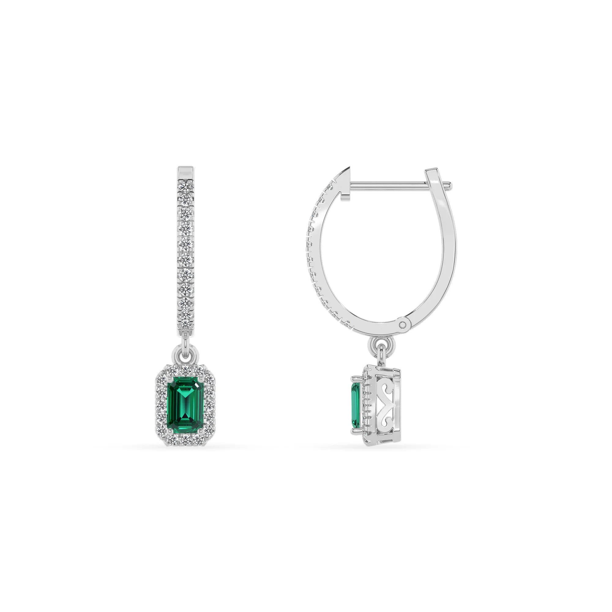 lab grown emerald octogon cut drop earrings in platinum