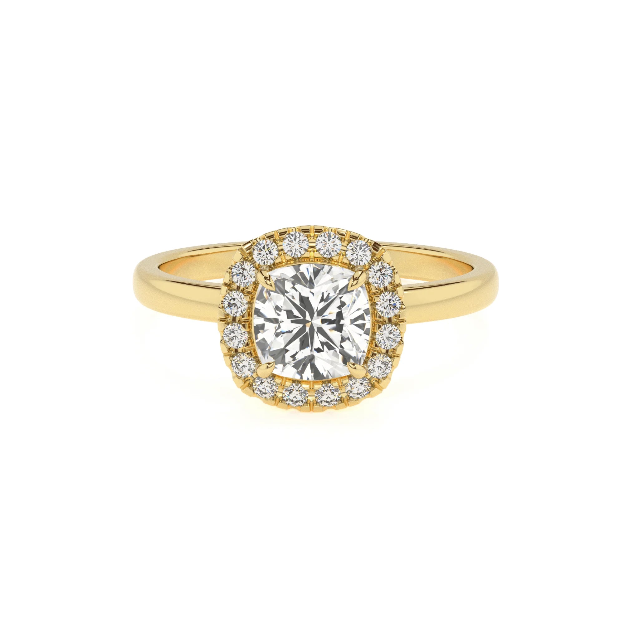 lab grown moissanite cushion solitaire rings in yellow gold
