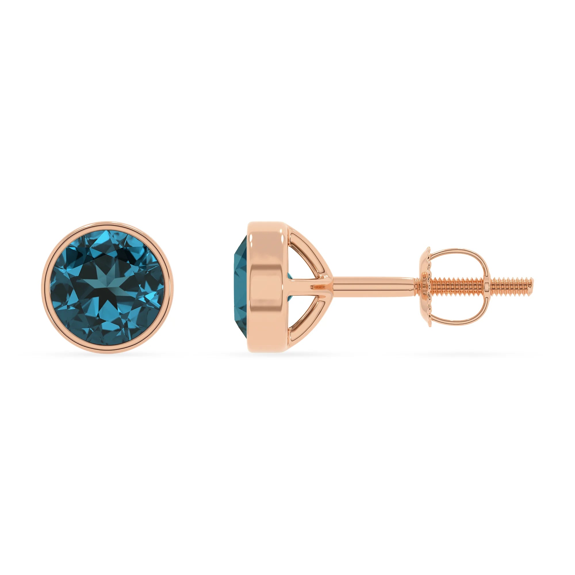 natural london blue topaz round stud earrings in rose gold