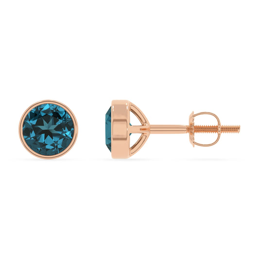 natural london blue topaz round stud earrings in rose gold