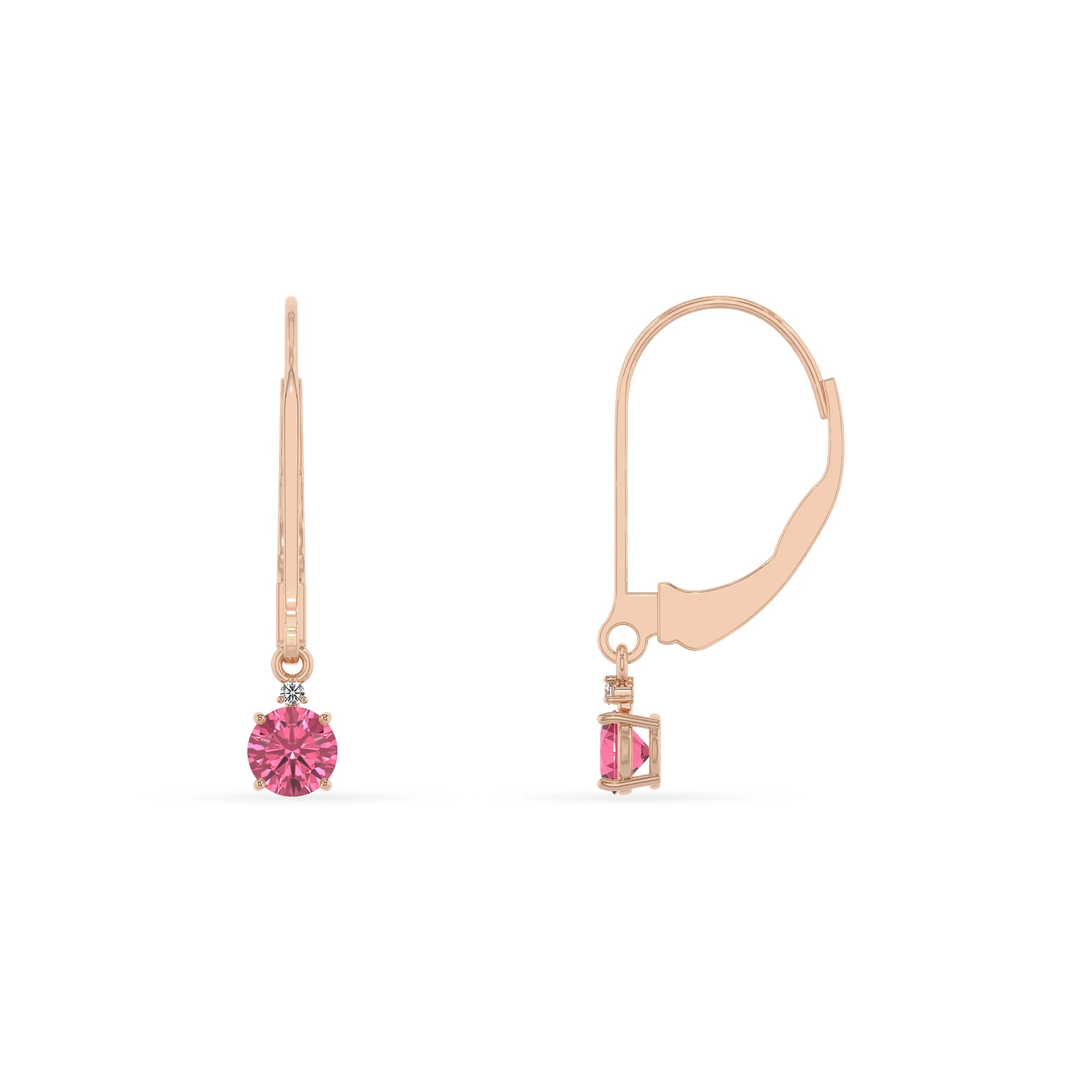 lab grown pink tourmaline round drop earrings in rose gold
