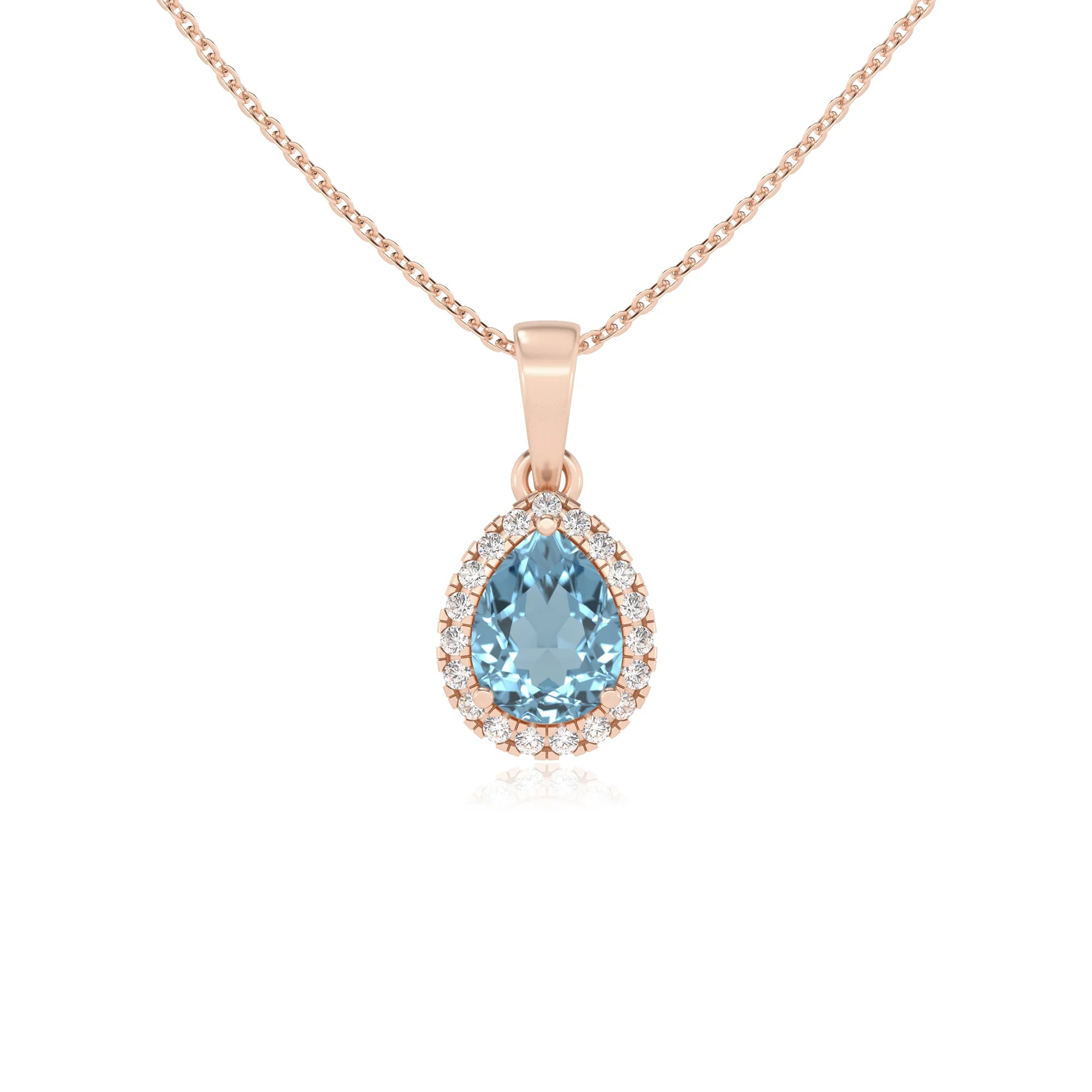 lab grown aquamarine pear solitaire necklaces in rose gold