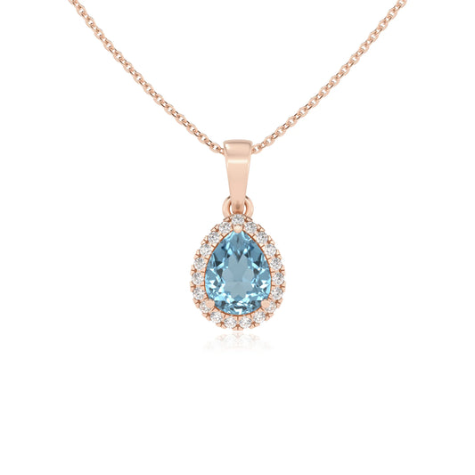 lab grown aquamarine pear solitaire necklaces in rose gold